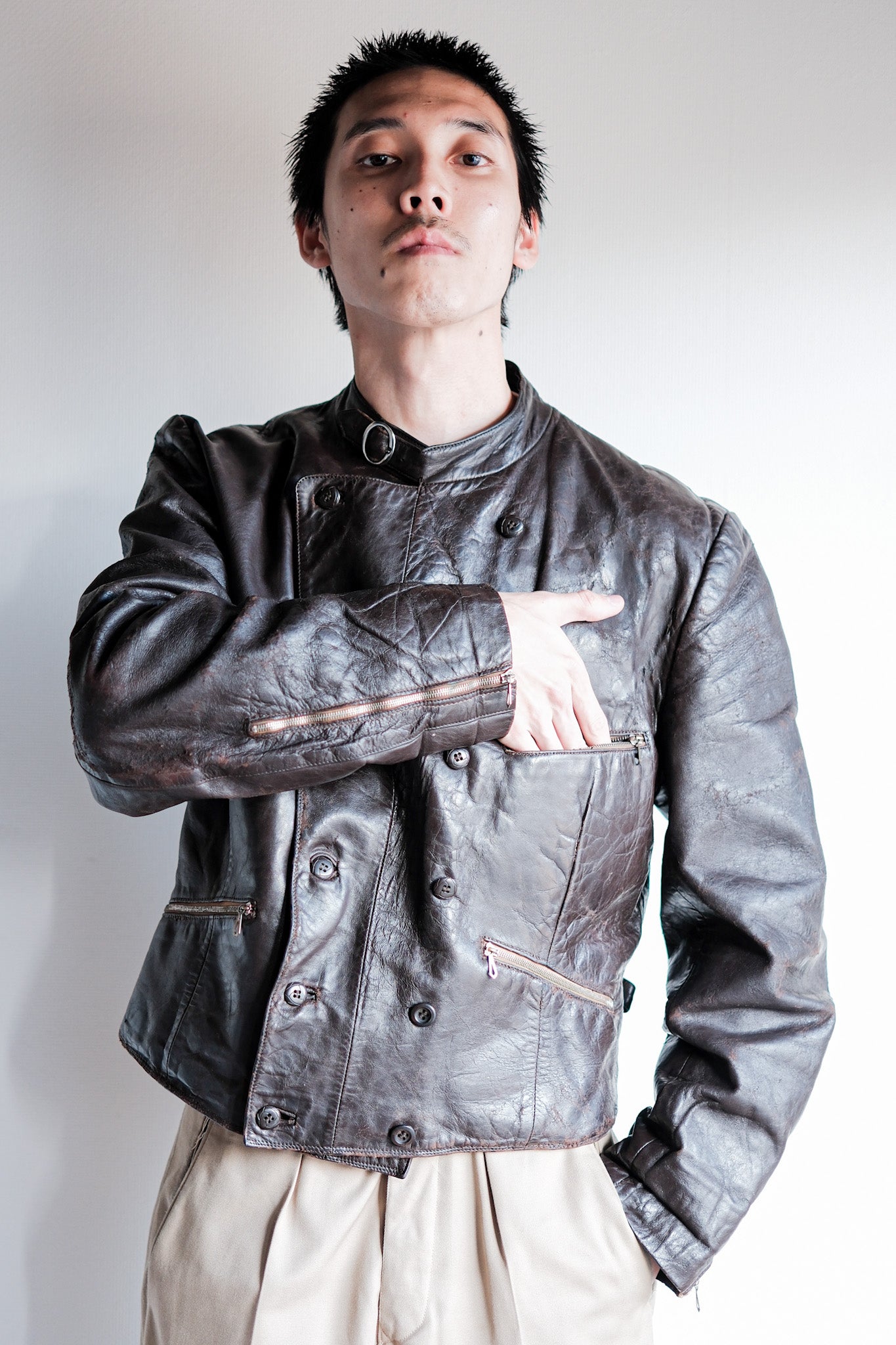 【~40's】German Vintage Double Breasted Motorcycle Leather Jacket