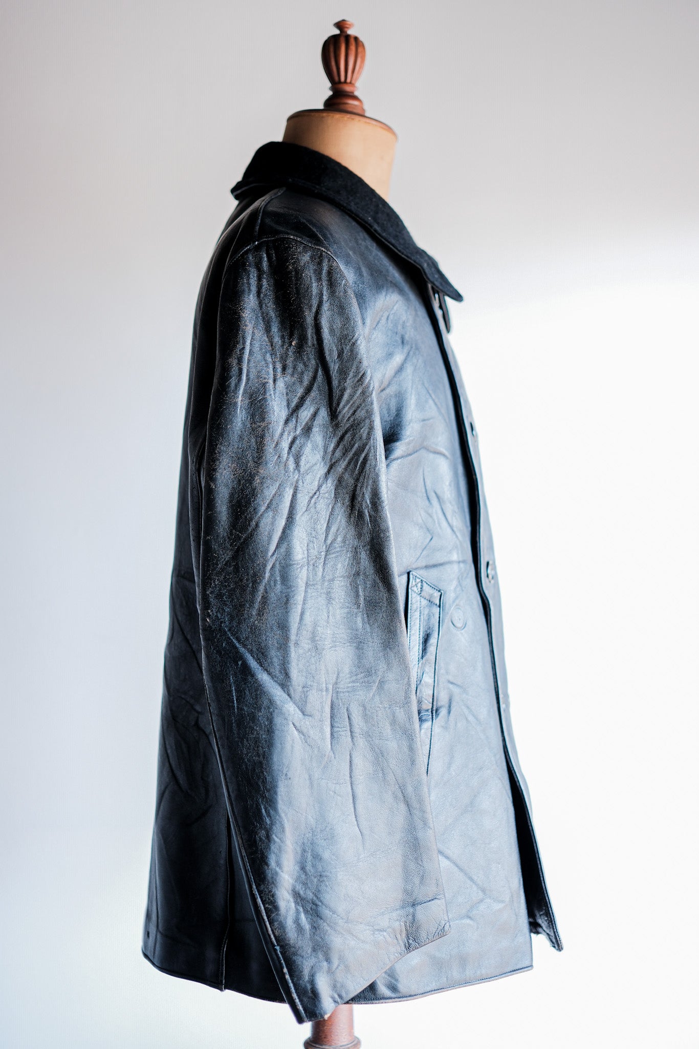 【~60's】French Vintage Le Corbusier Leather Work Jacket Size.54 "Wool Collar"