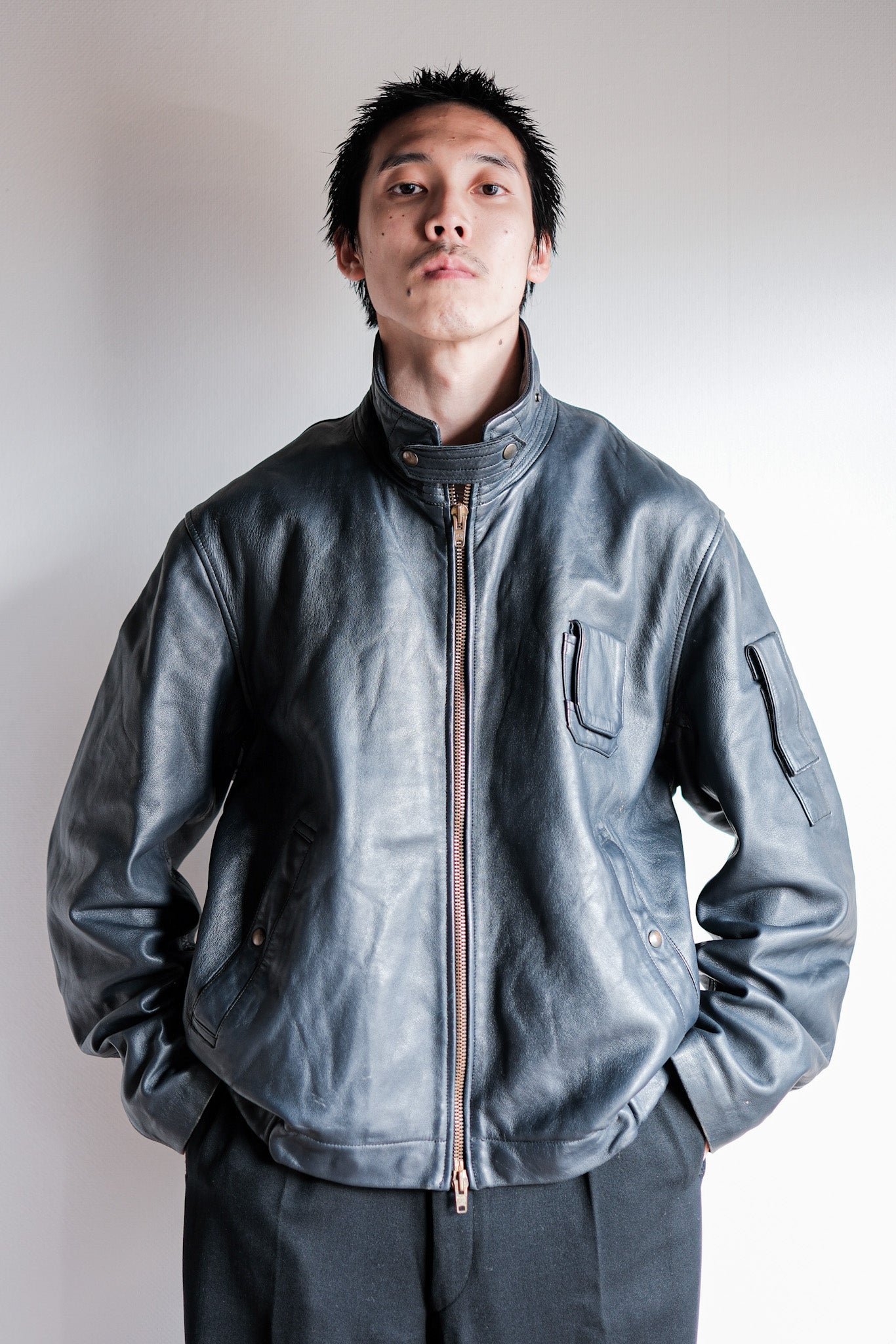 【~70's】French Air Force Pilot Leather Jacket With Chin Strap Size.100L