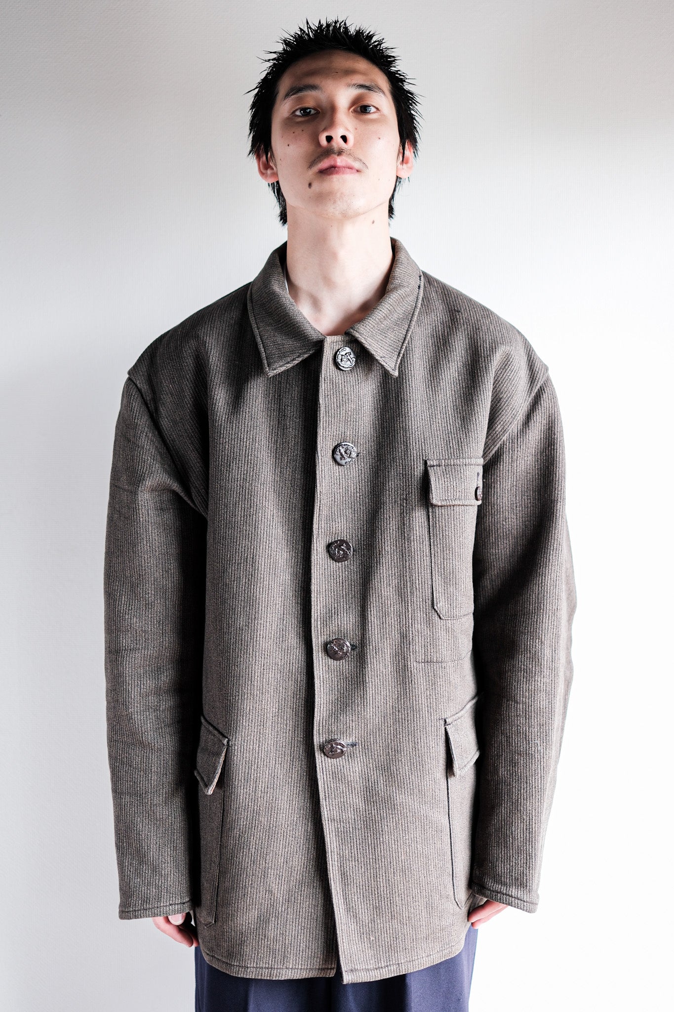 【~60's】French Vintage Brown Salt & Pepper Cotton Pique Hunting Jacket Size.56 "Le Mont St. Michel"