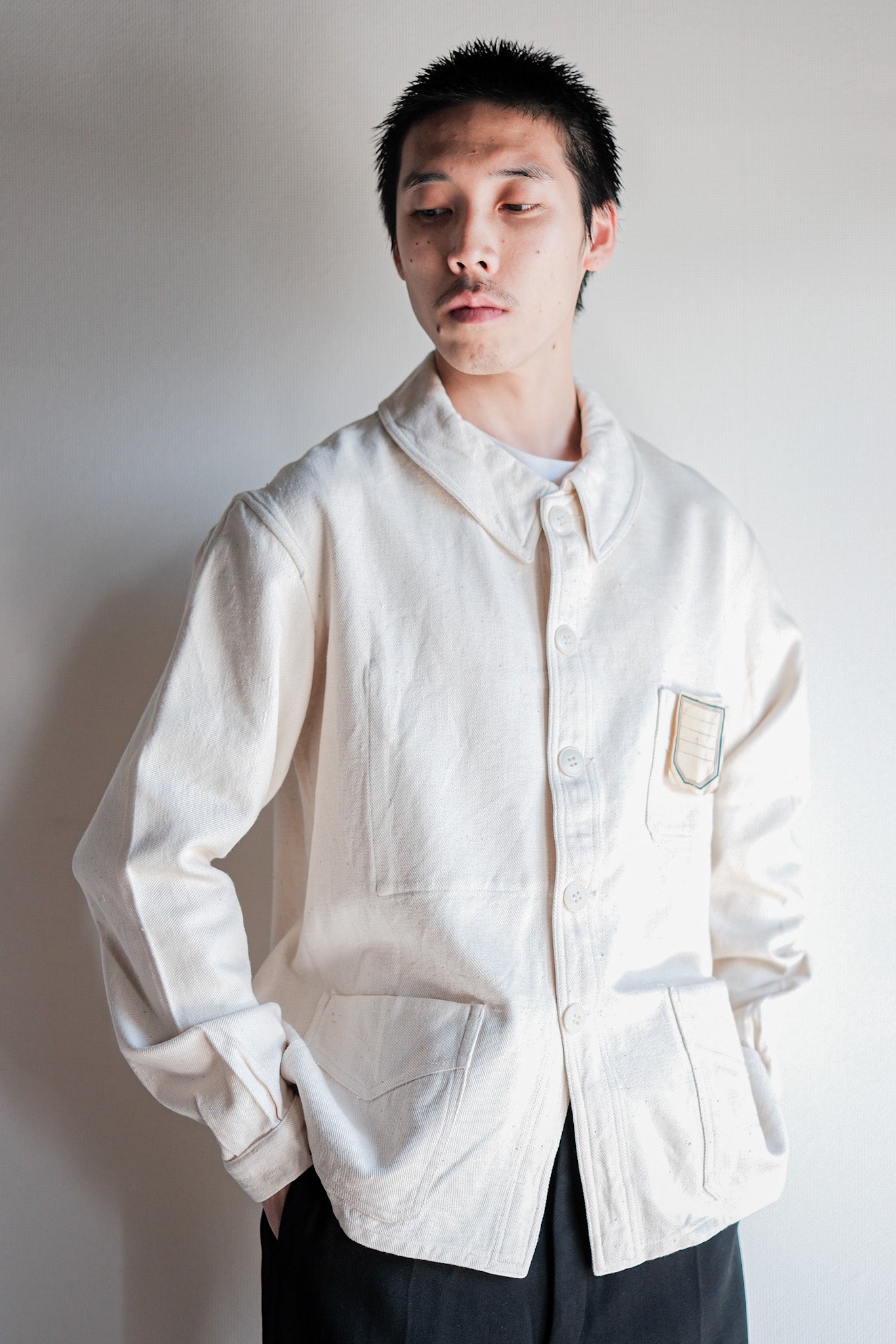 【~40's】French Vintage White Cotton Twill Work Jacket Size.48 "Dead Stock"