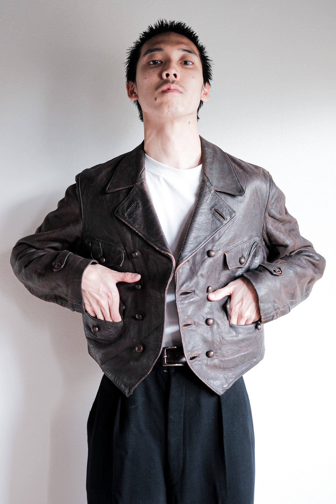 【~40's】German Vintage Double Breasted Motorcycle Leather Jacket