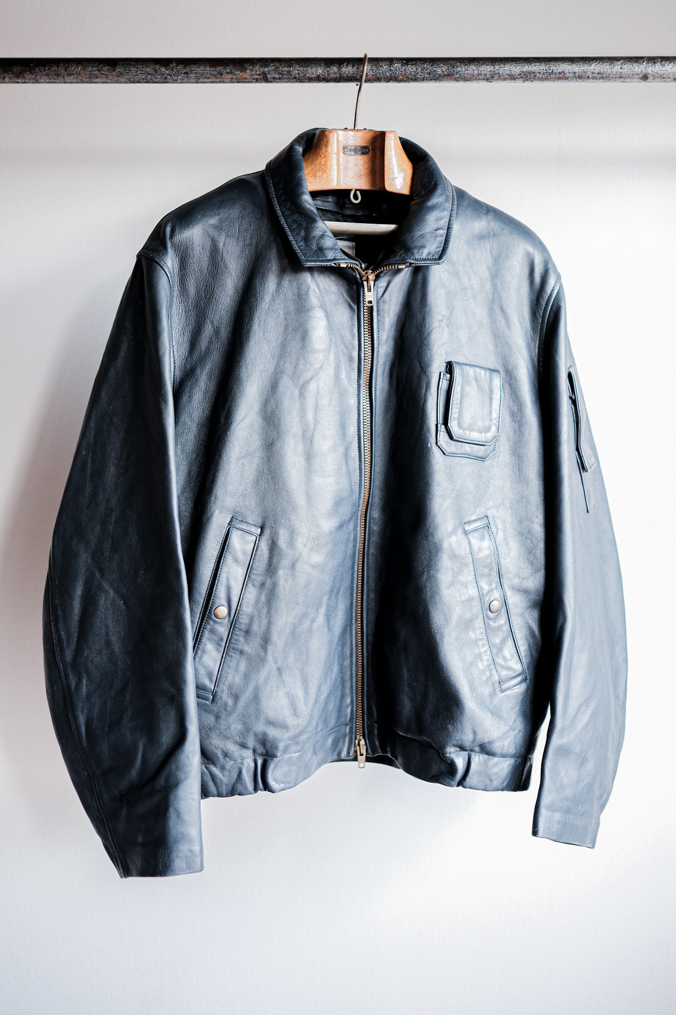 【~70's】French Air Force Pilot Leather Jacket With Chin Strap Size.100L