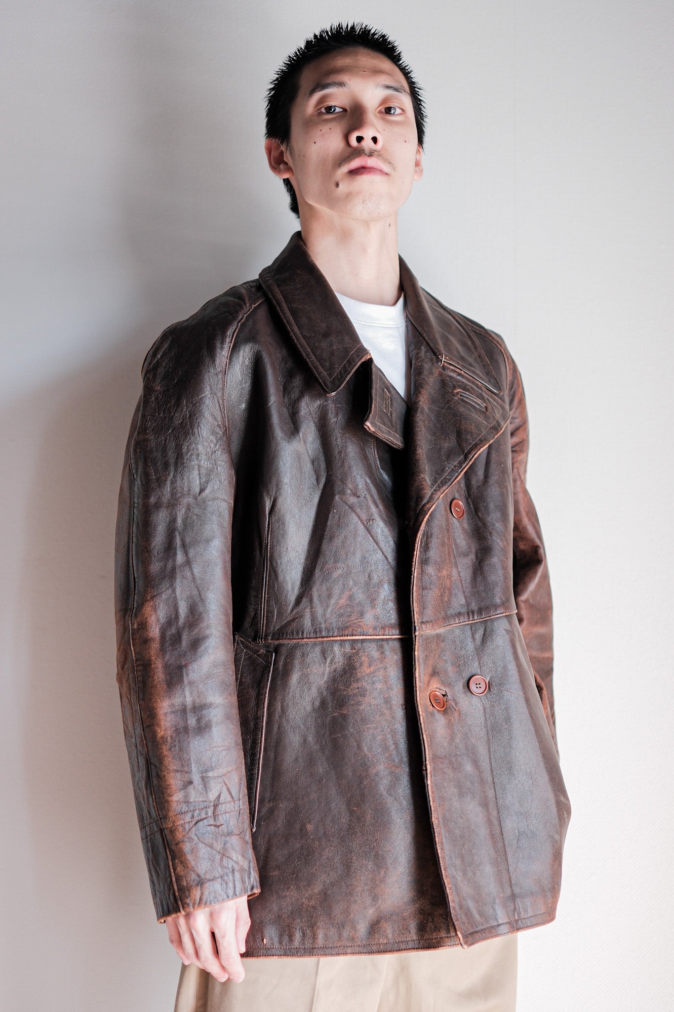 【~50's】French Army Motorcycle Leather Jacket Size.B2