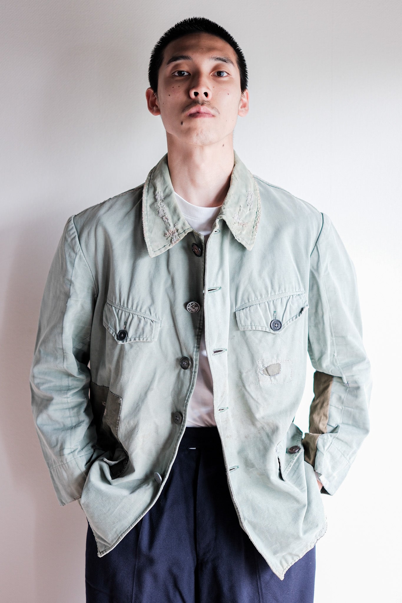 【~50's】French Vintage Green Cotton Canvas Hunting Jacket With Chin Strap "Patchwork"