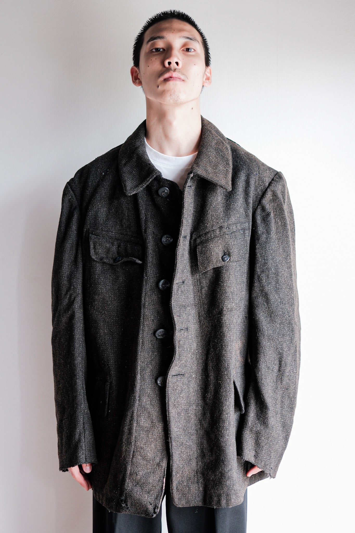 【~30's】French Vintage Gray Wool Hunting Jacket With Chin Strap "Boro"