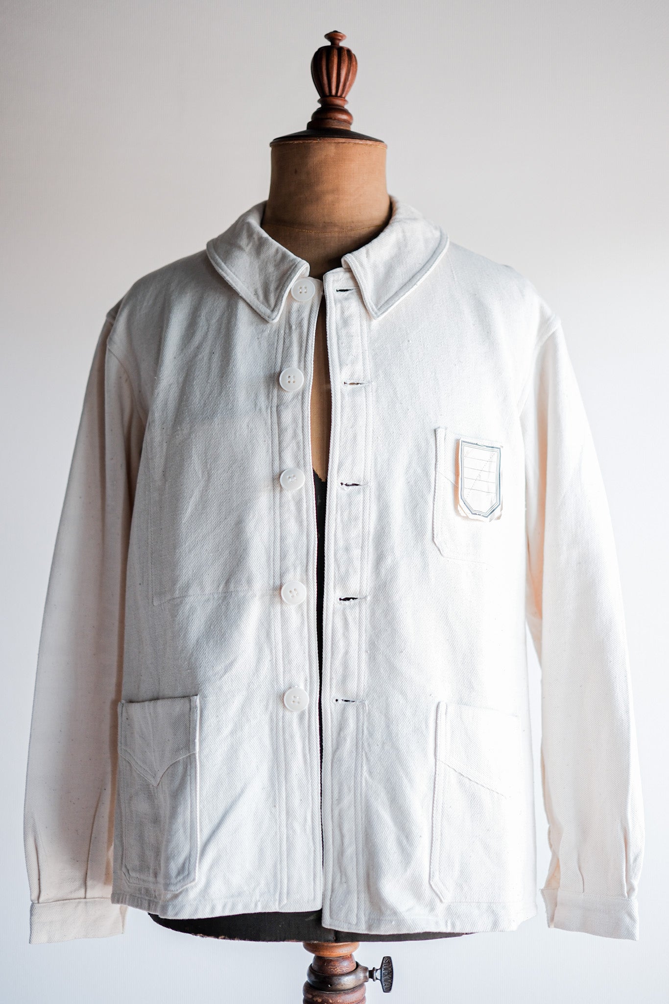 【~40's】French Vintage White Cotton Twill Work Jacket Size.48 "Dead Stock"
