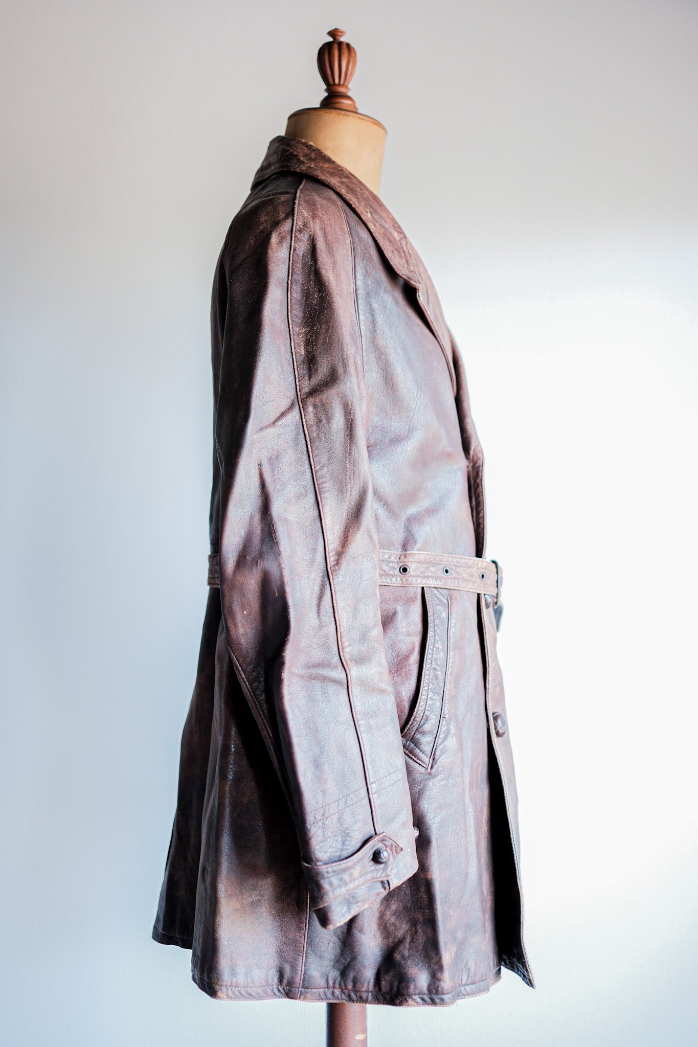 【~40's】French Vintage Double Breasted Brown Leather Coat With Chin Strap