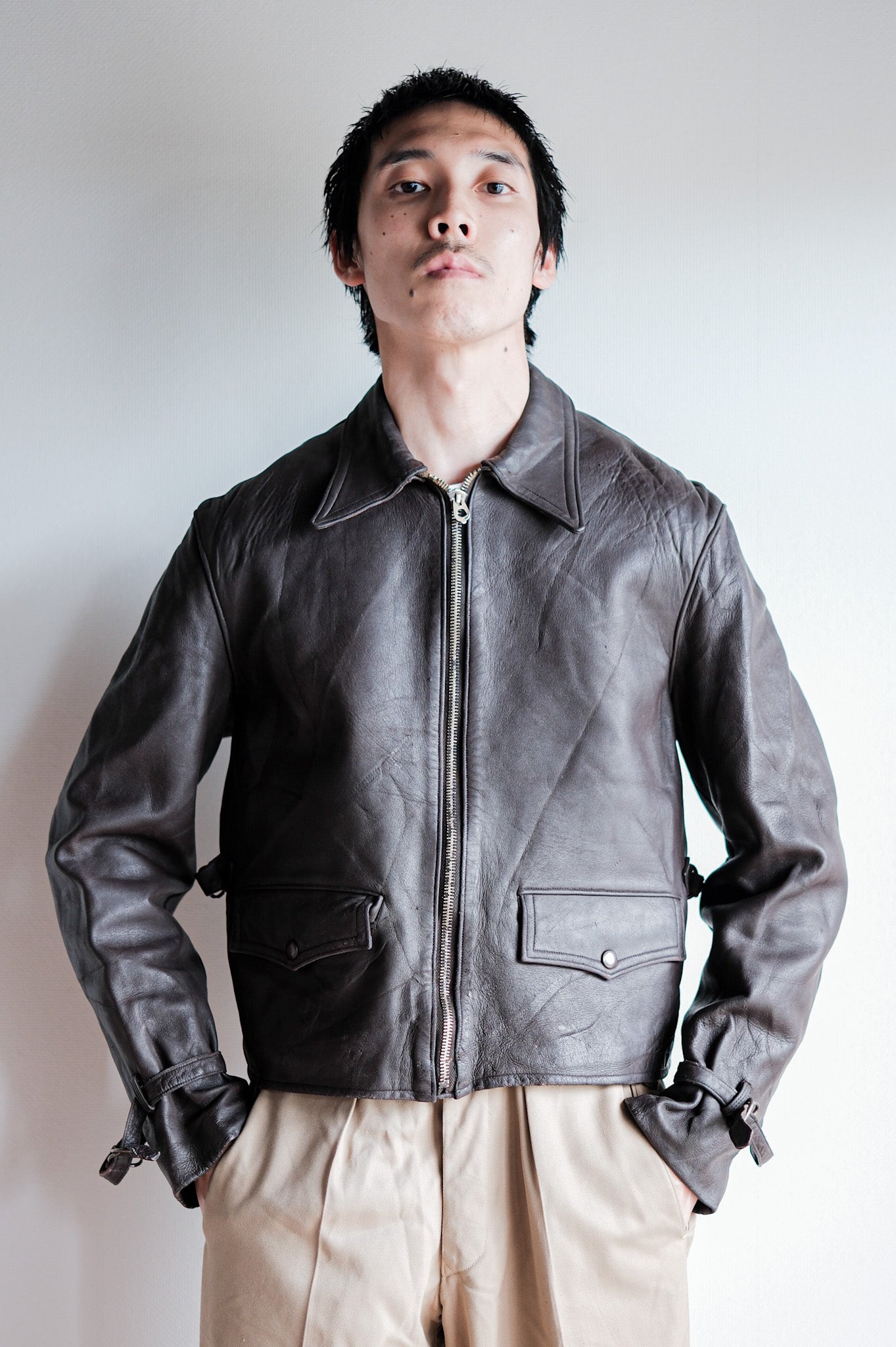 【~40’s】French Vintage Brown Leather Cyclist Jacket "Modified"