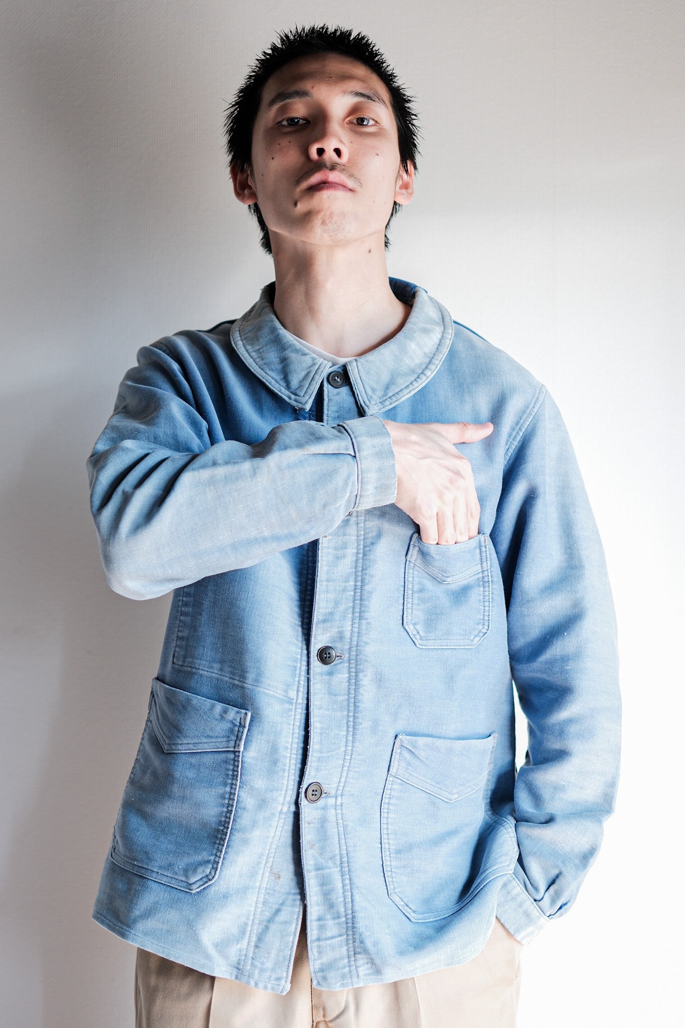 【~40's】French Vintage Blue Moleskin Work Jacket "4 Buttons"