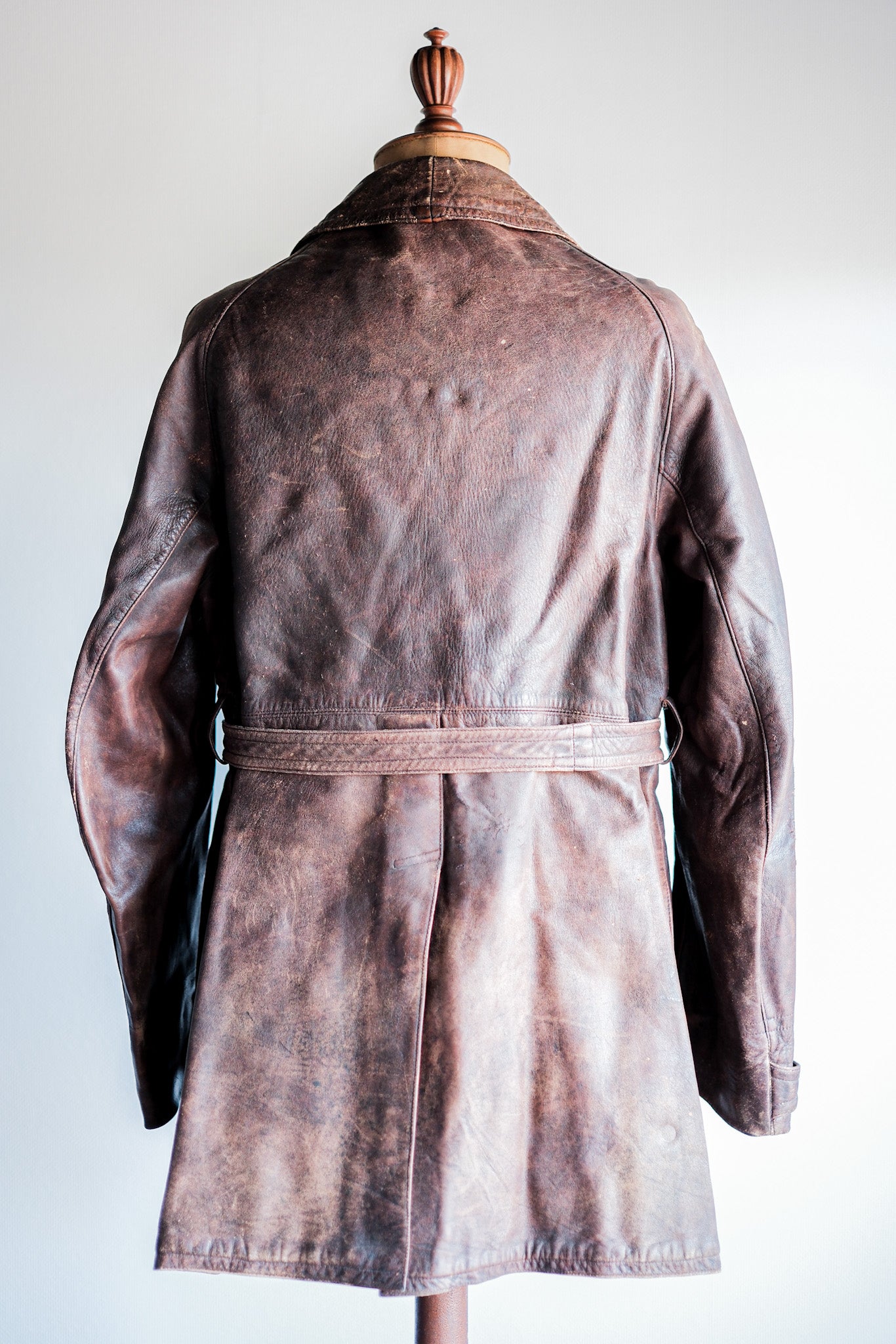 【~40's】French Vintage Double Breasted Brown Leather Coat With Chin Strap