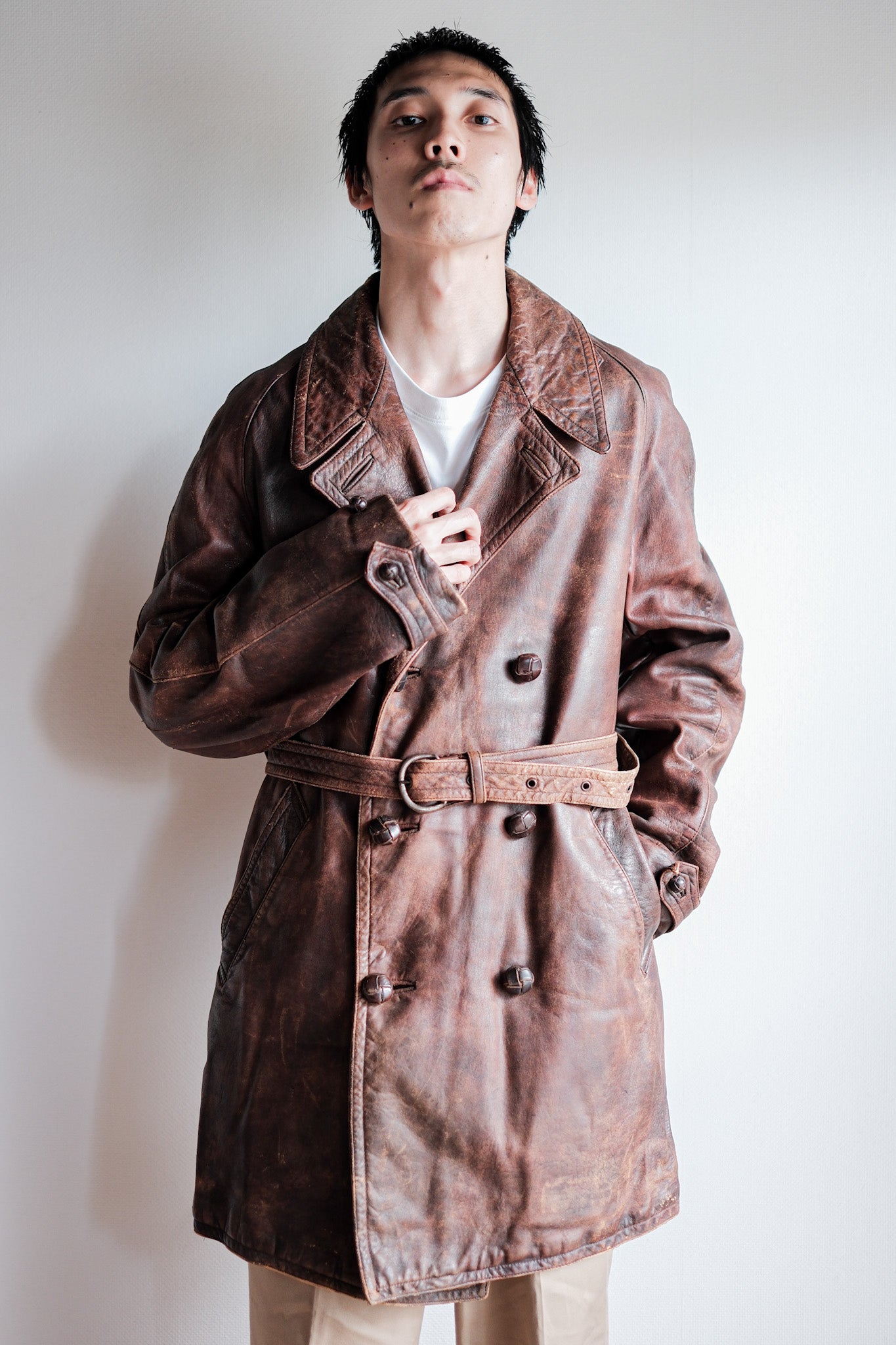 【~40's】French Vintage Double Breasted Brown Leather Coat With Chin Strap
