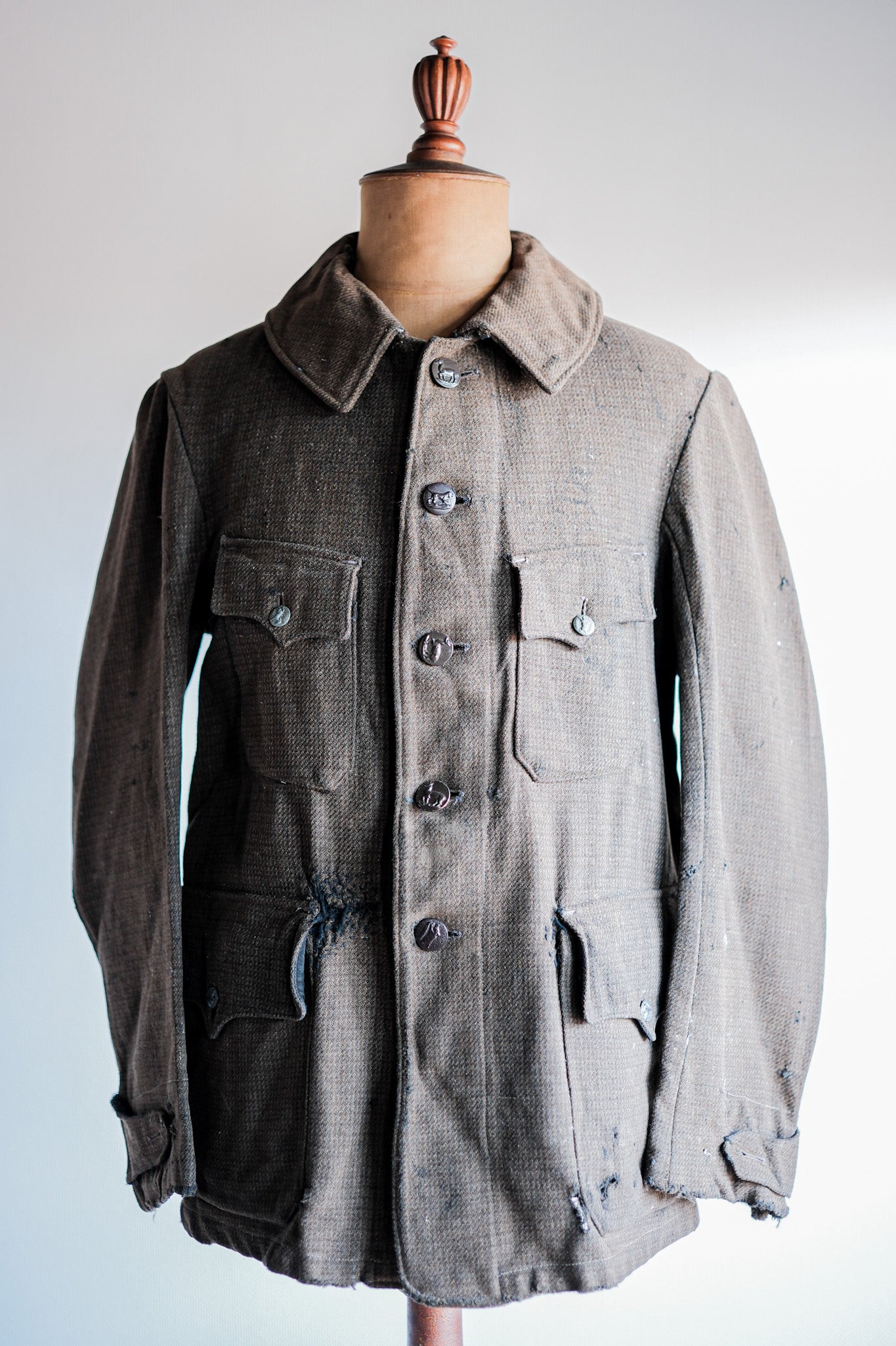【~30's】French Vintage Brown Wool Hunting Jacket "Boro"