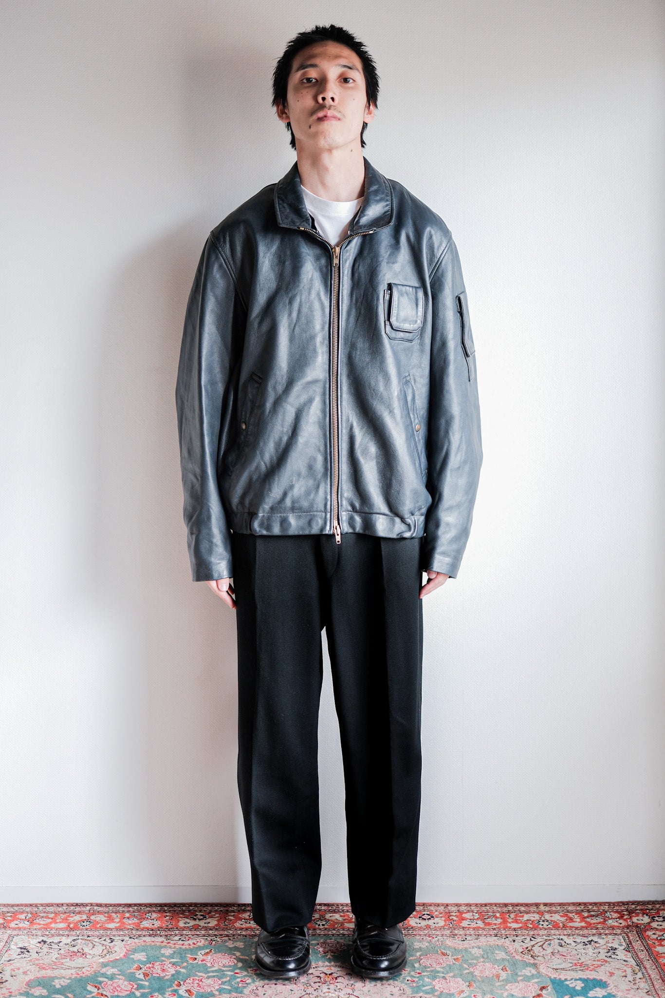 【~70's】French Air Force Pilot Leather Jacket With Chin Strap Size.100L