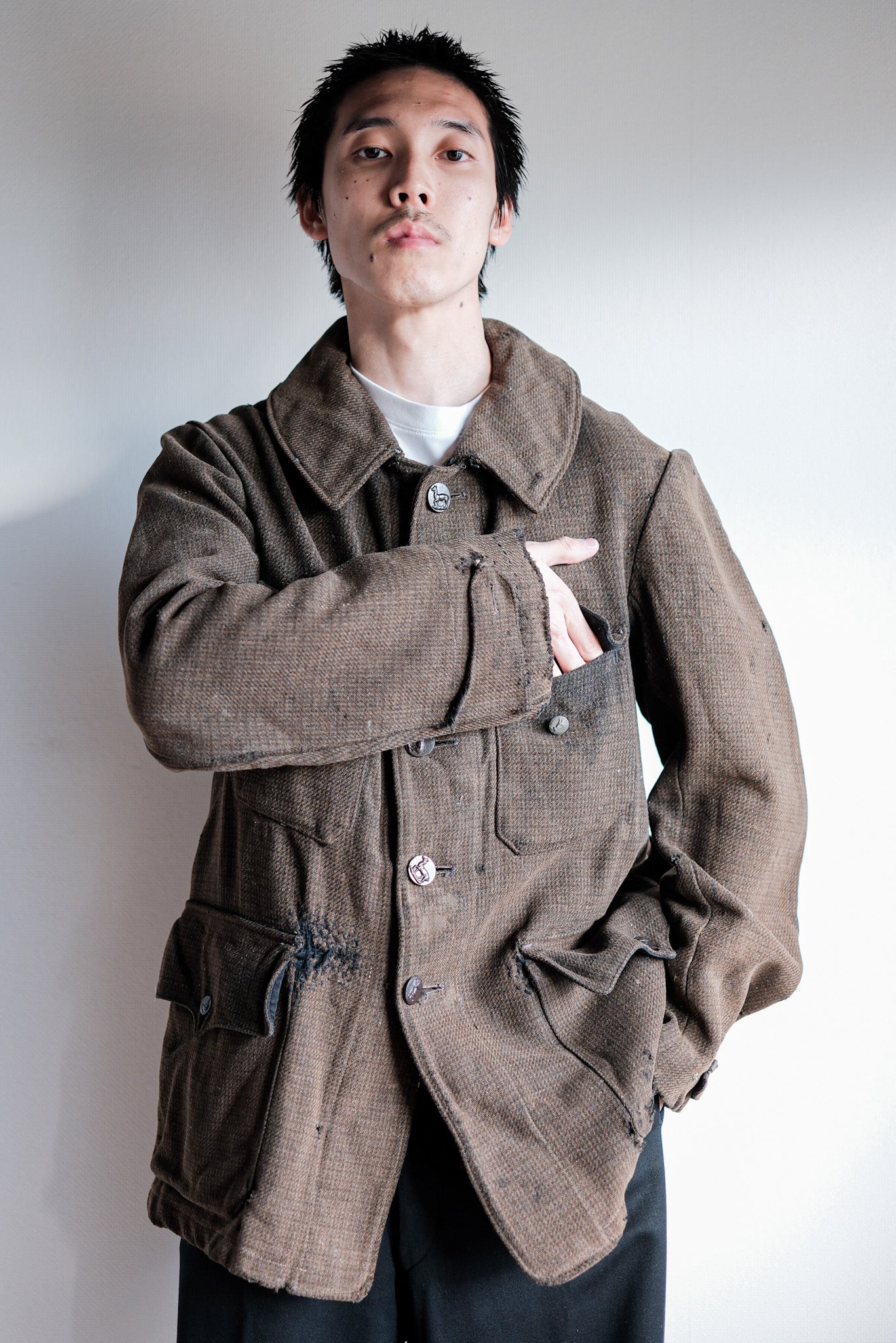 【~30's】French Vintage Brown Wool Hunting Jacket "Boro"