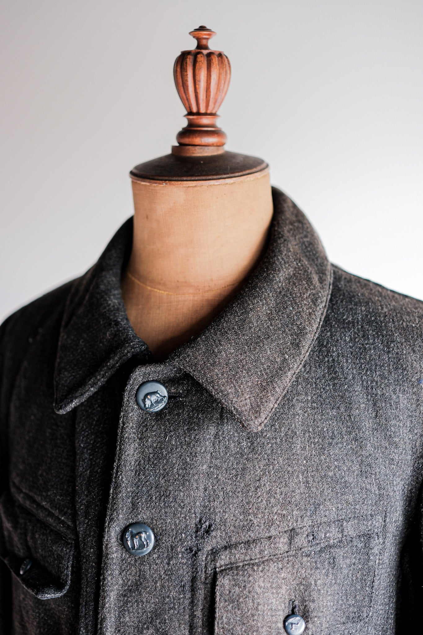 【~30's】French Vintage Gray Wool Hunting Jacket With Chin Strap "Boro"