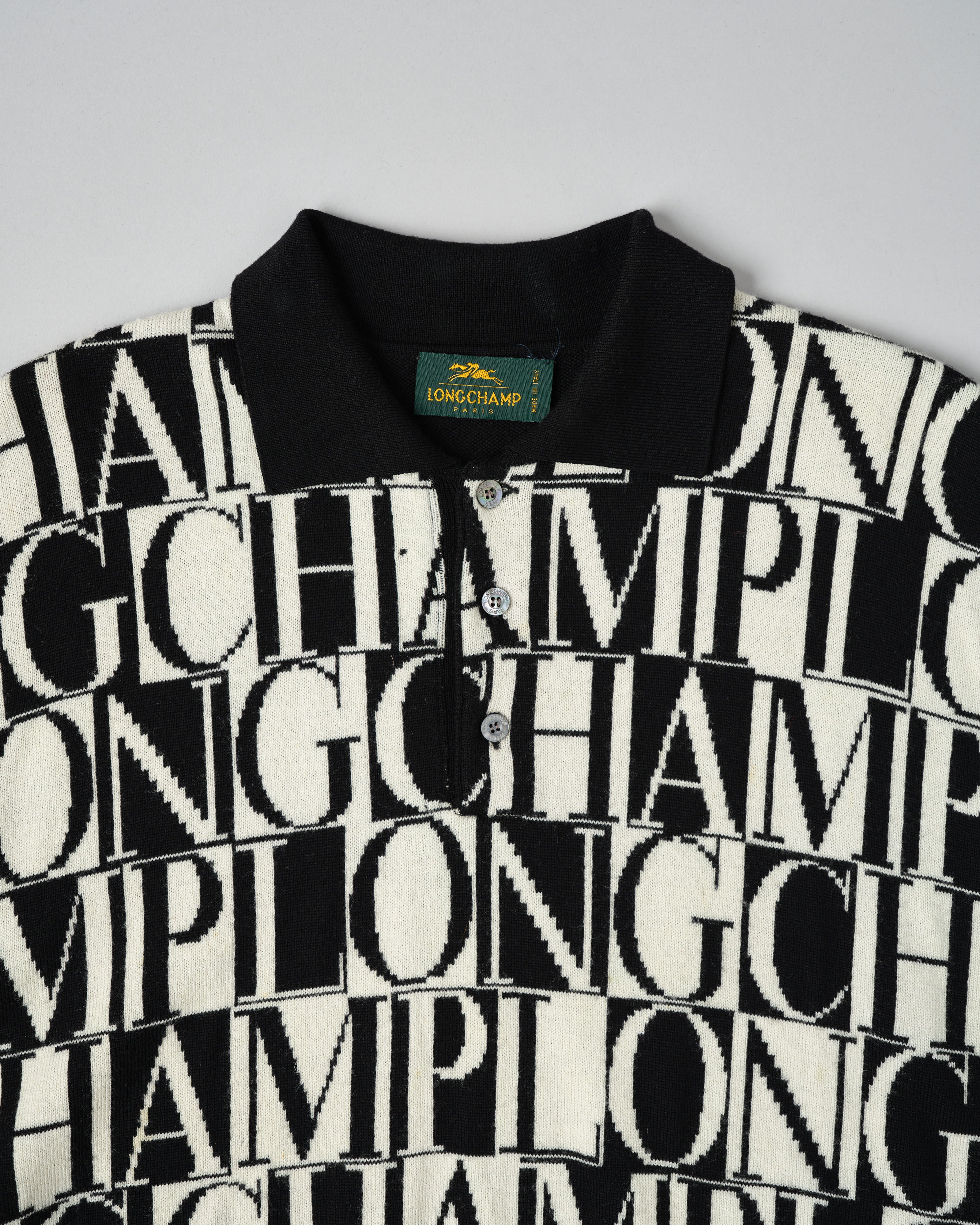 【~90’s】Old LONGCHAMP Merino Wool Patterned L/S Knit Polo Shirt Size.52