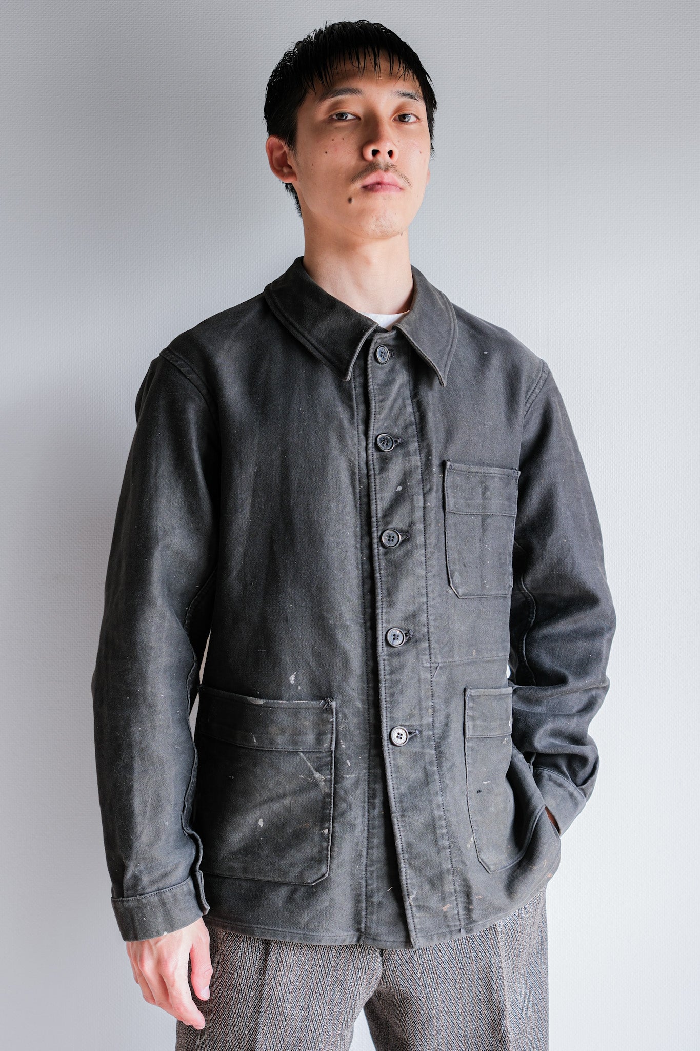 【~40's】French Vintage Black Moleskin Work Jacket "Adolphe Lafont"