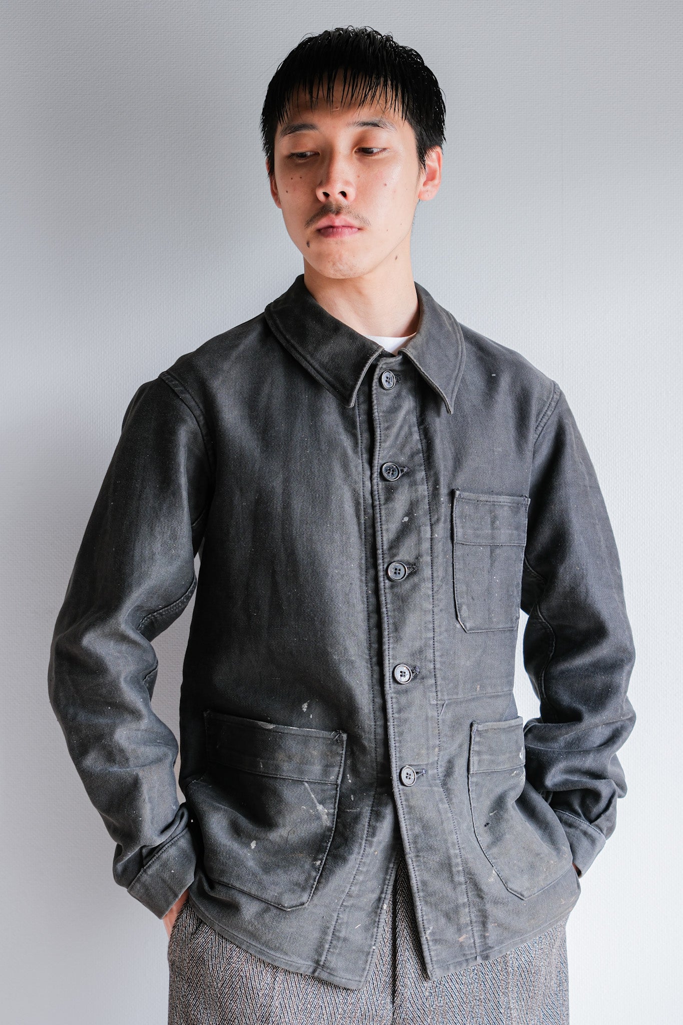 【~40's】French Vintage Black Moleskin Work Jacket "Adolphe Lafont"