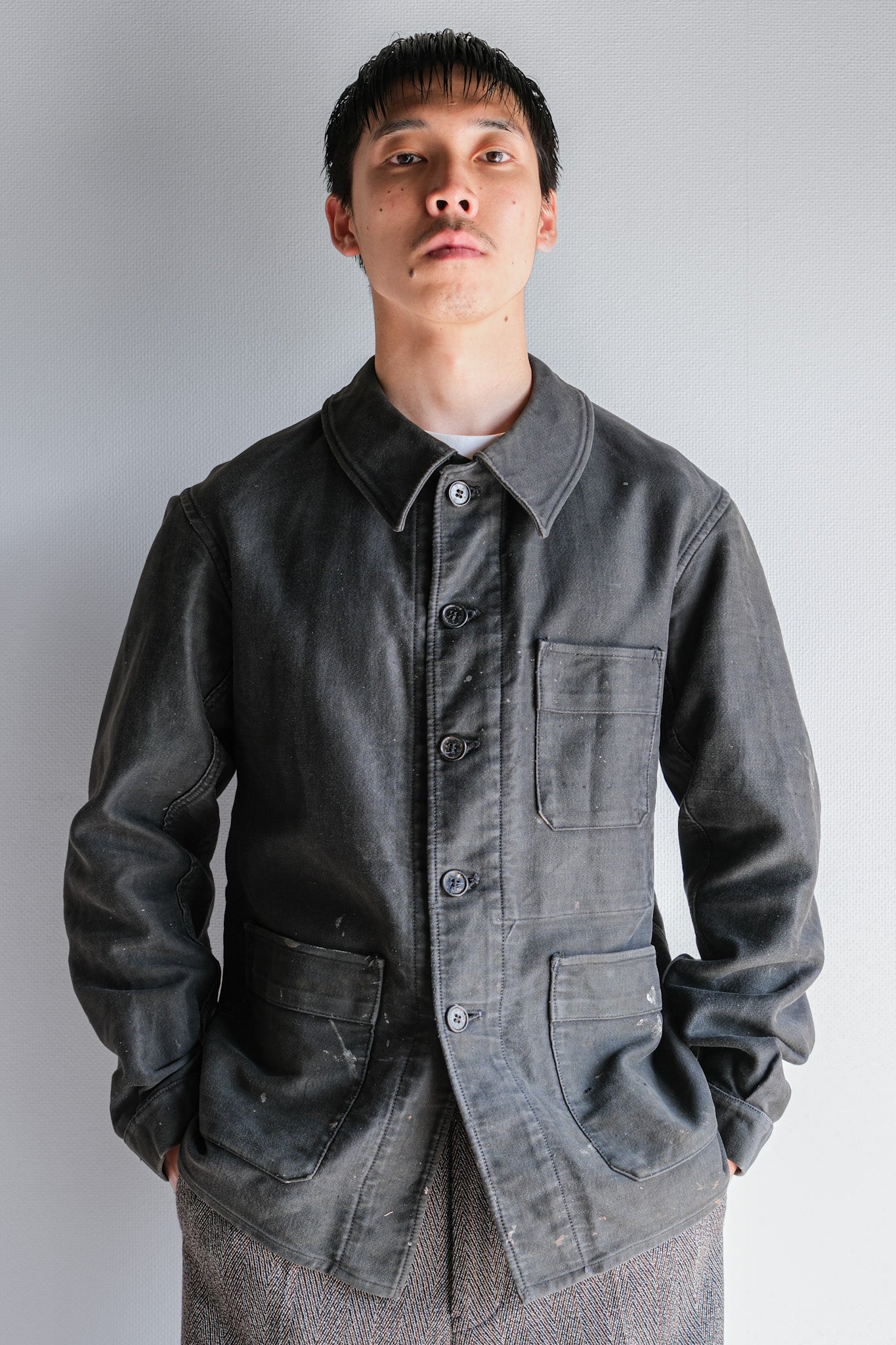 【~40's】French Vintage Black Moleskin Work Jacket "Adolphe Lafont"