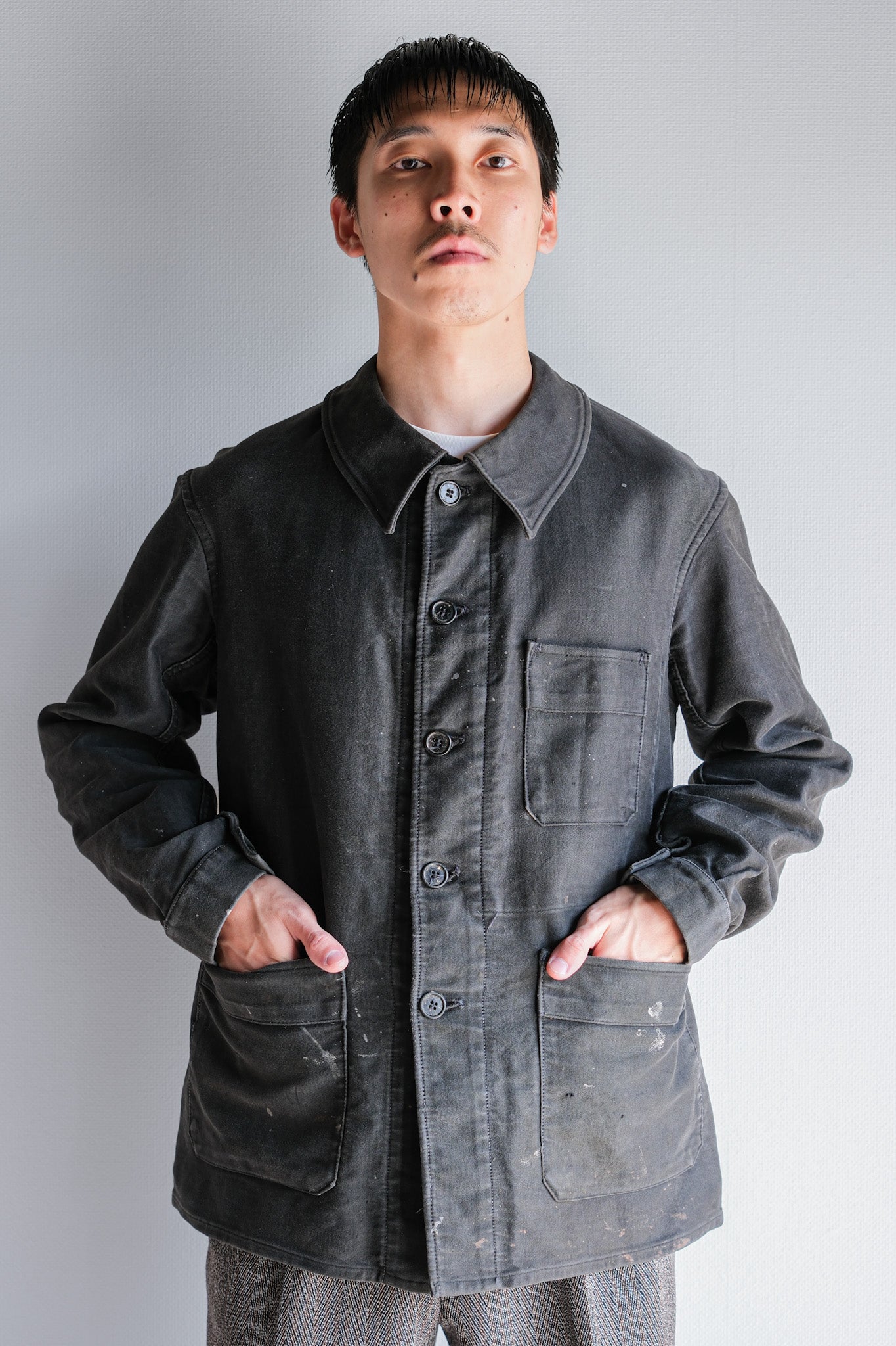 【~40's】French Vintage Black Moleskin Work Jacket "Adolphe Lafont"