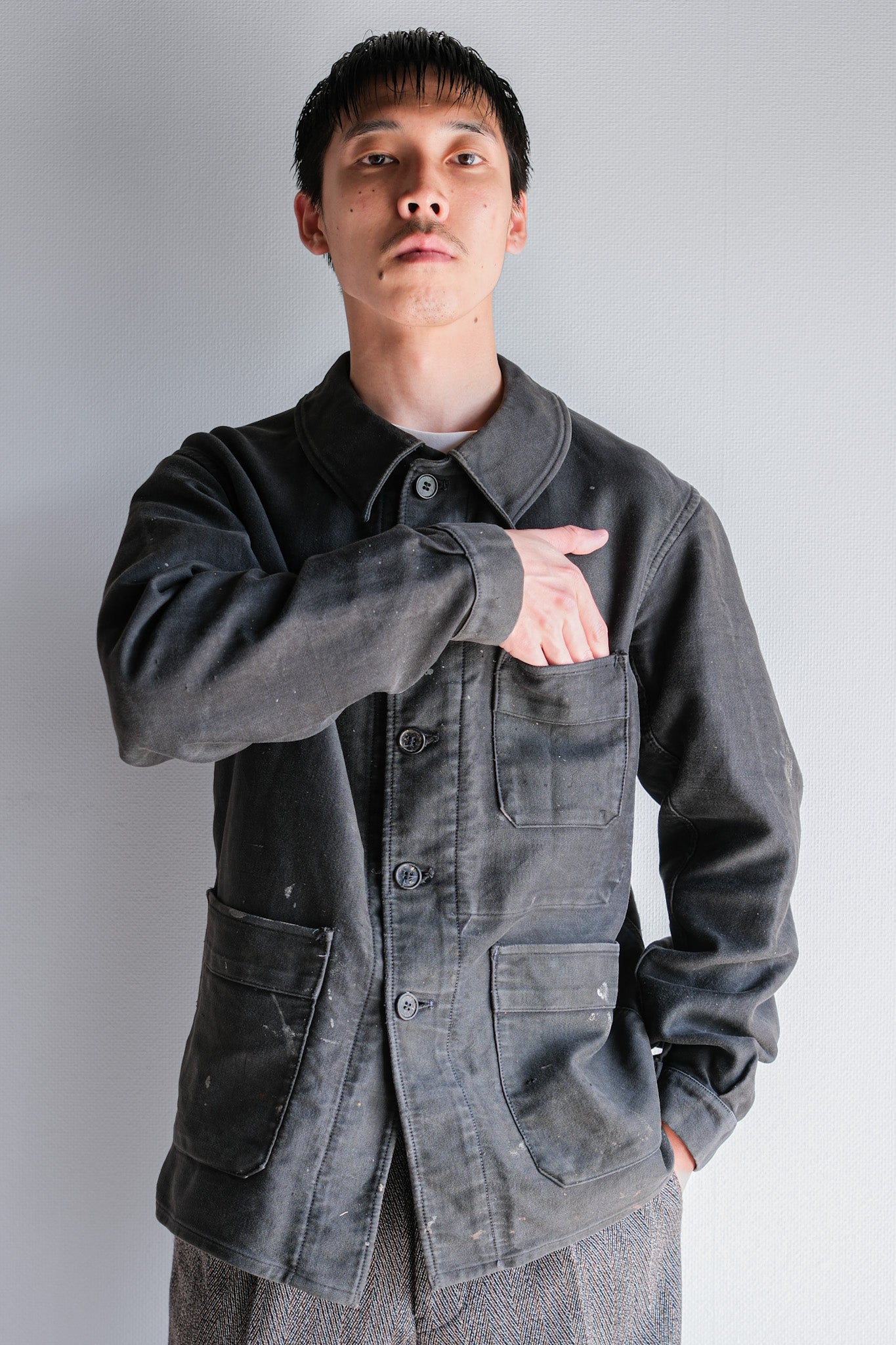 【~40's】French Vintage Black Moleskin Work Jacket "Adolphe Lafont"
