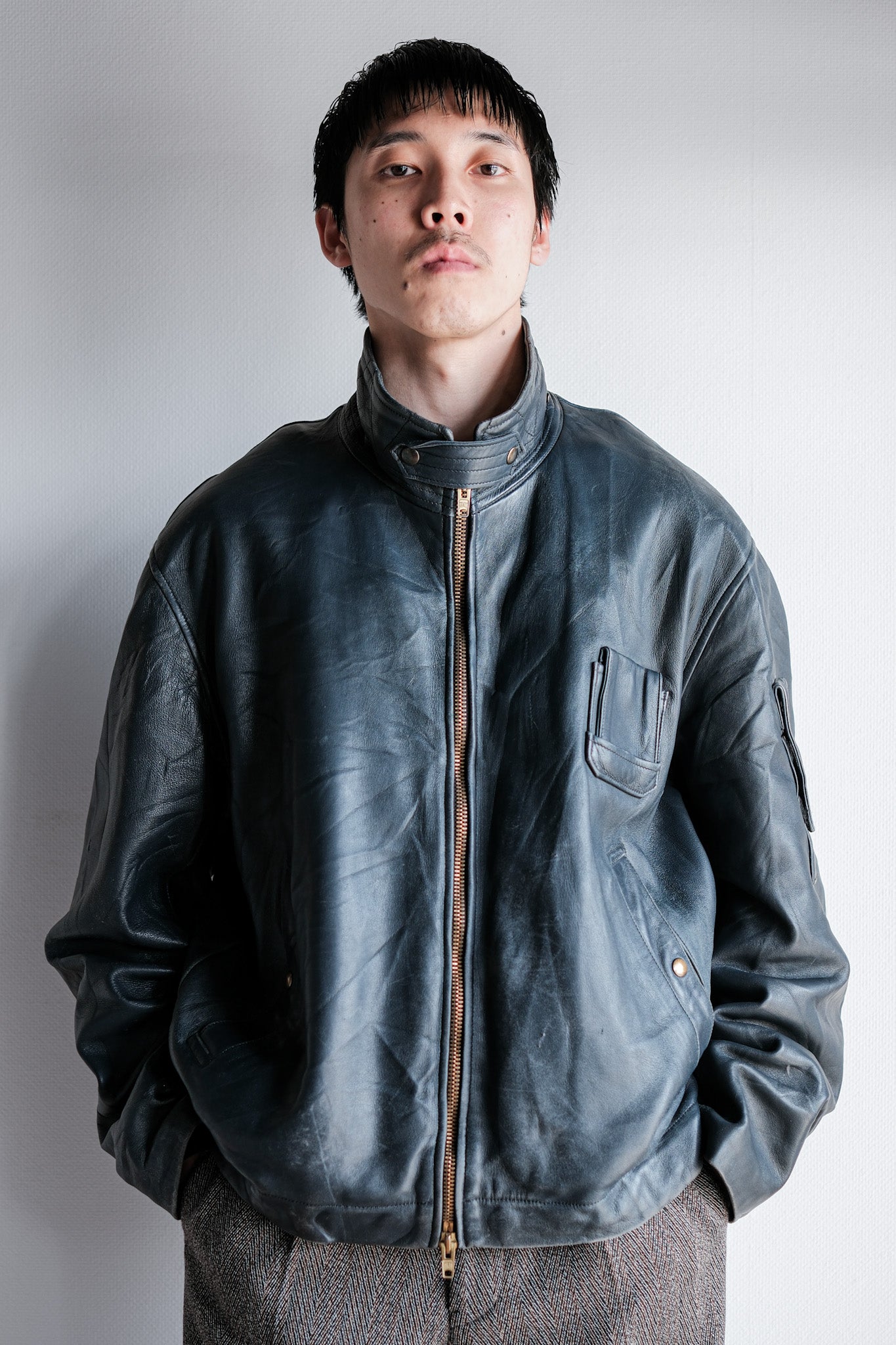 【~70's】French Air Force Pilot Leather Jacket With Chin Strap & Liner Size.104L