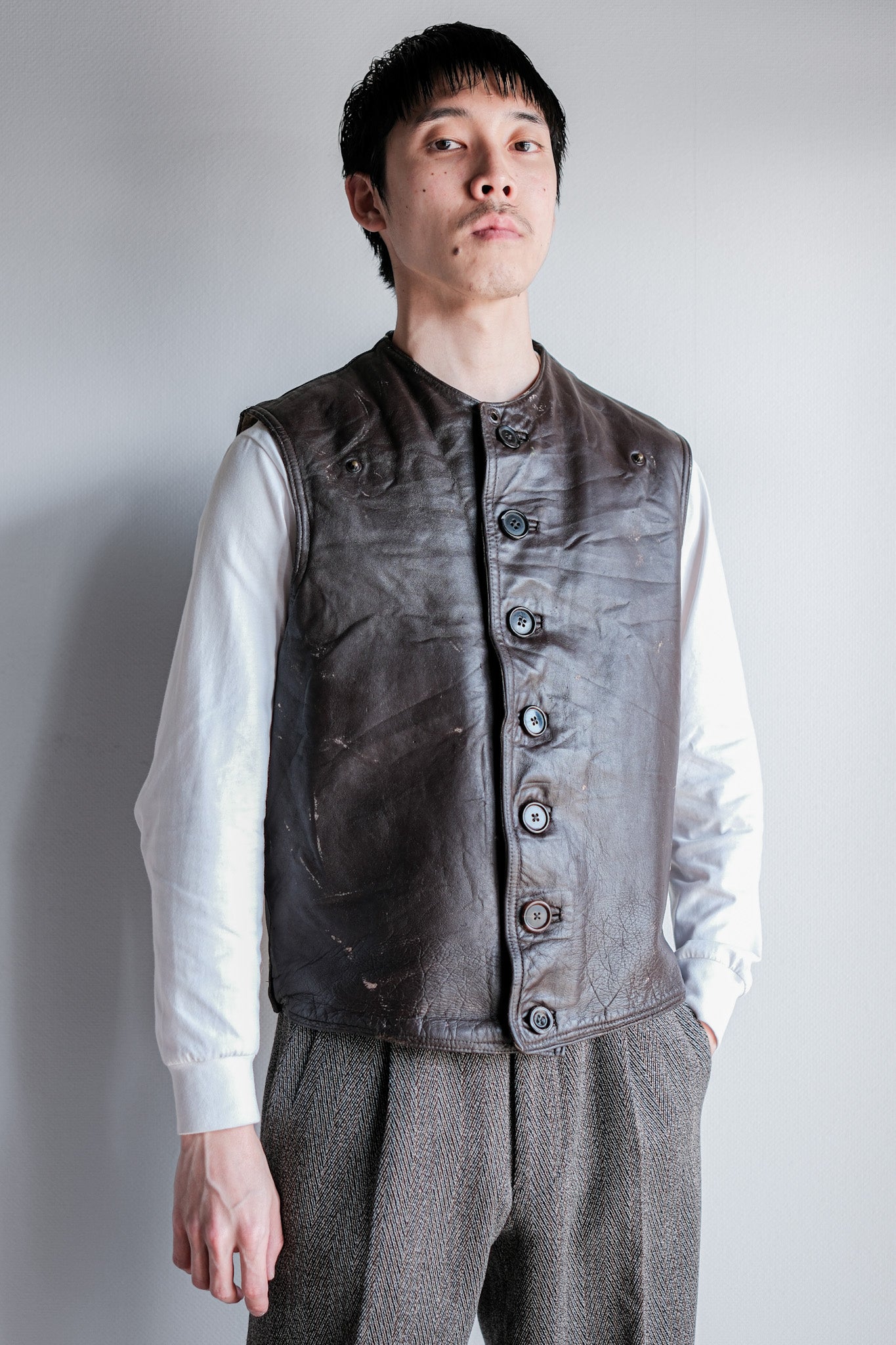 【~40's】French Army Cavalier Leather Vest "Modified"