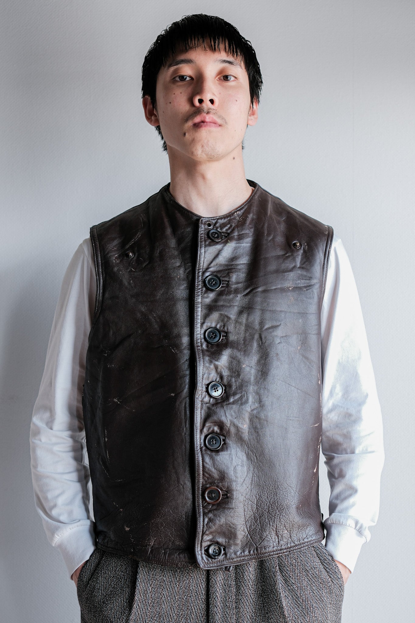 【~40's】French Army Cavalier Leather Vest "Modified"