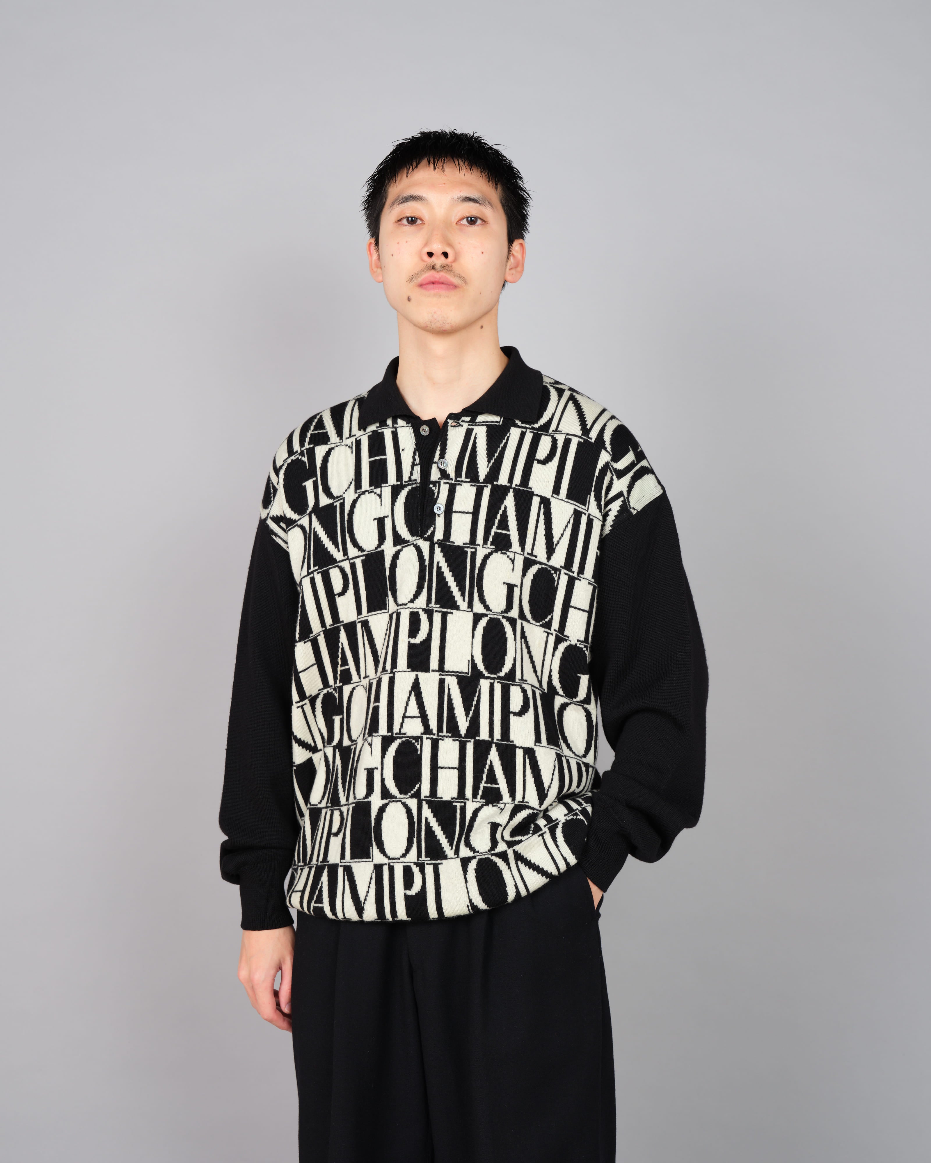 【~90’s】Old LONGCHAMP Merino Wool Patterned L/S Knit Polo Shirt Size.52