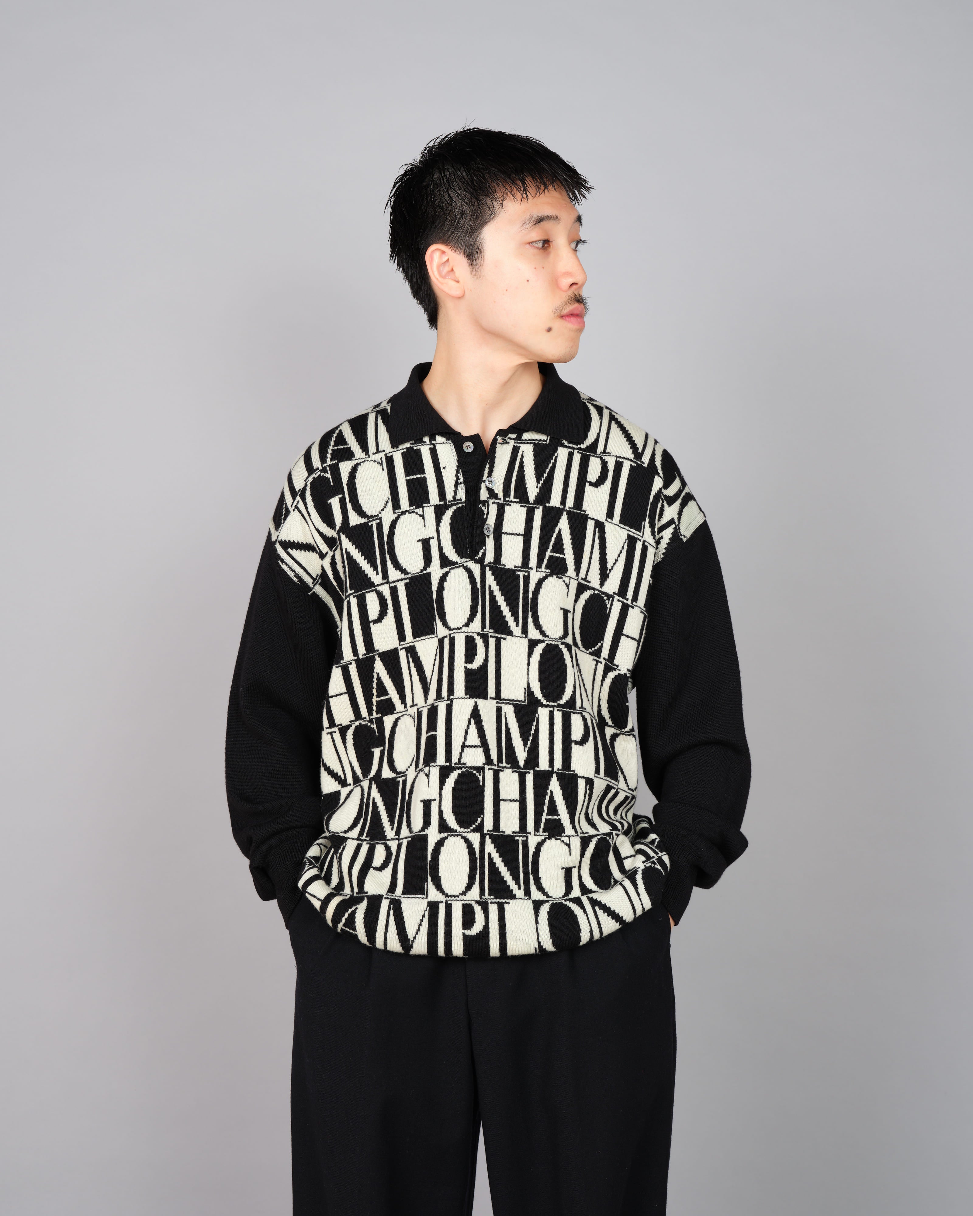 【~90’s】Old LONGCHAMP Merino Wool Patterned L/S Knit Polo Shirt Size.52