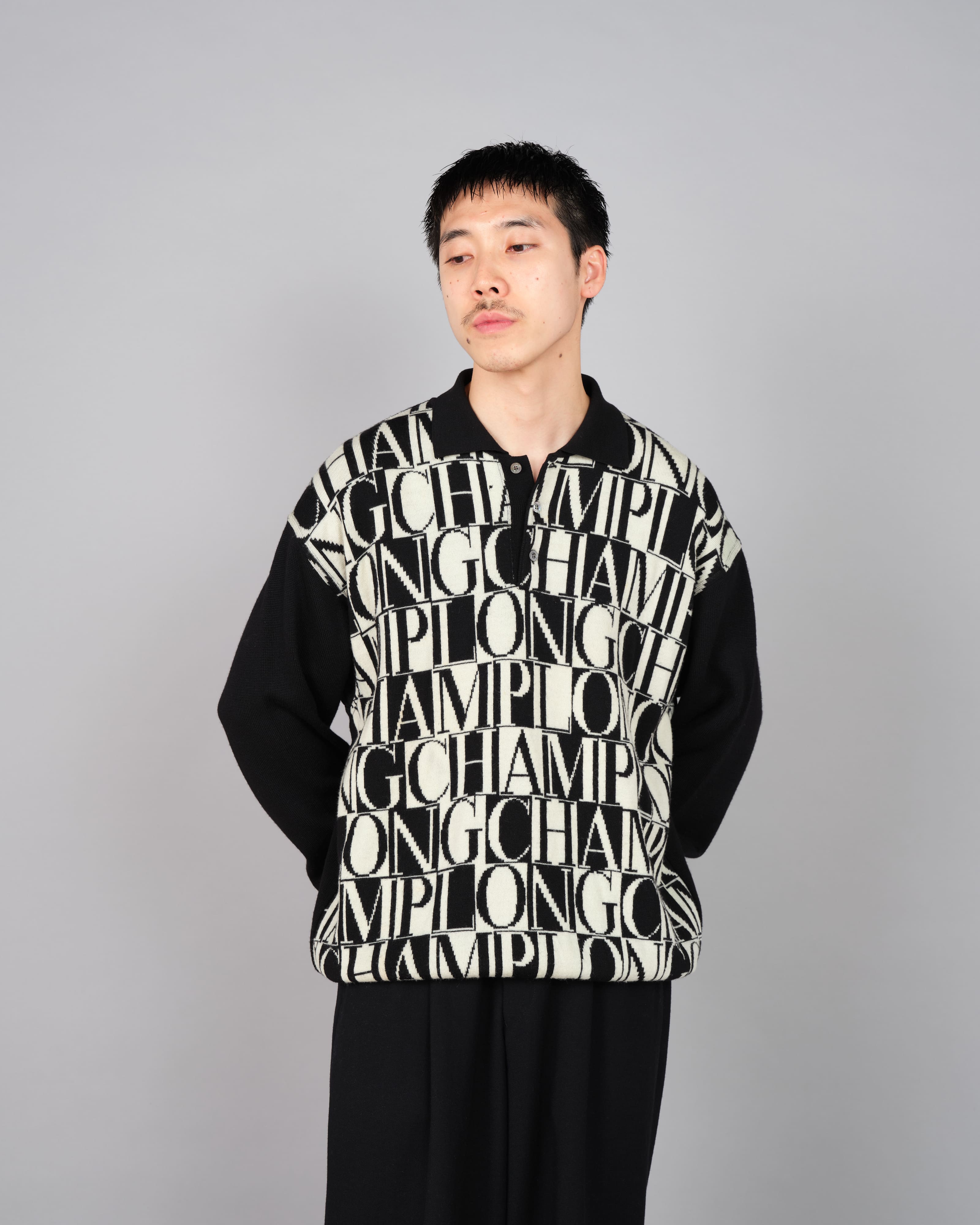 【~90’s】Old LONGCHAMP Merino Wool Patterned L/S Knit Polo Shirt Size.52