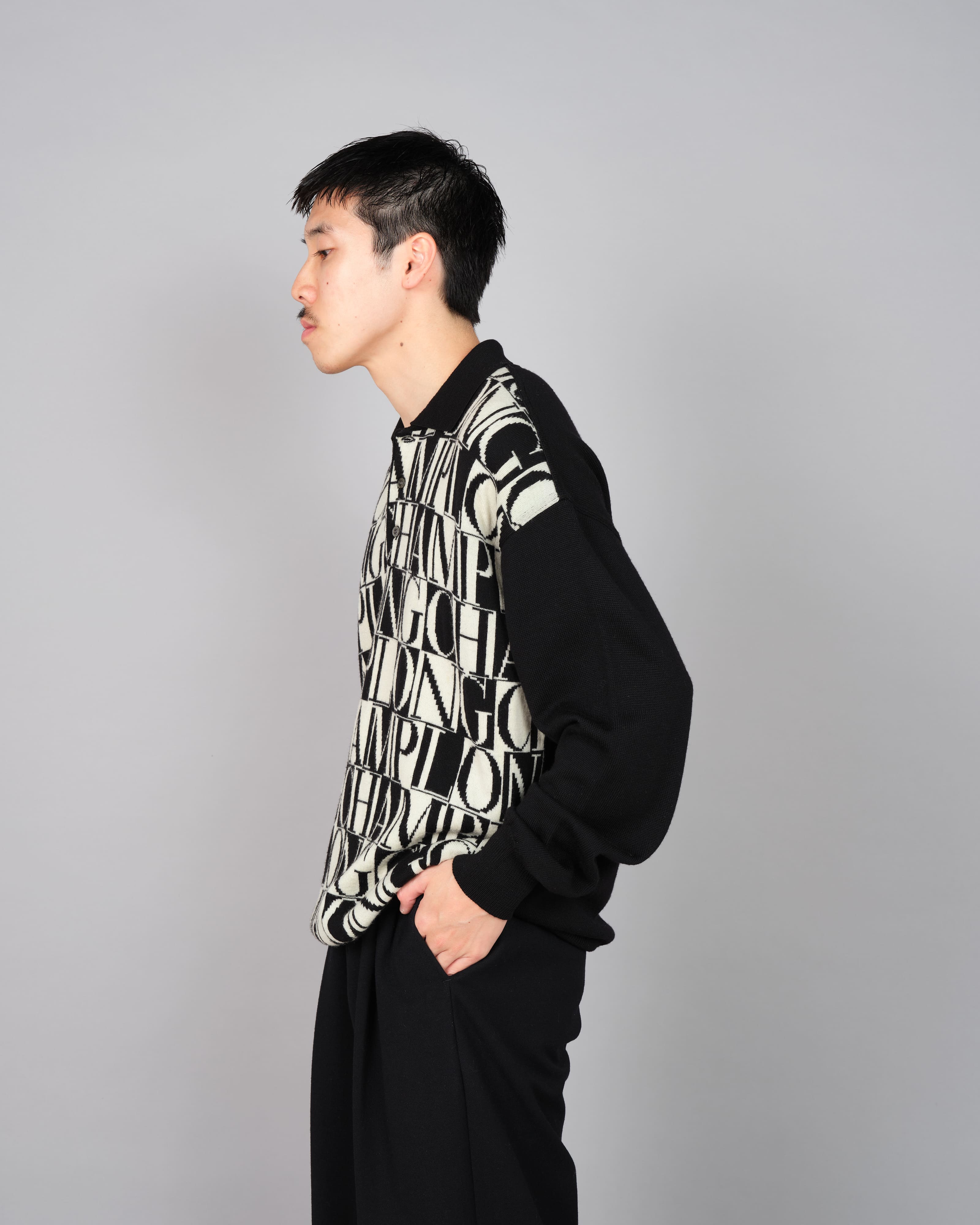 【~90’s】Old LONGCHAMP Merino Wool Patterned L/S Knit Polo Shirt Size.52