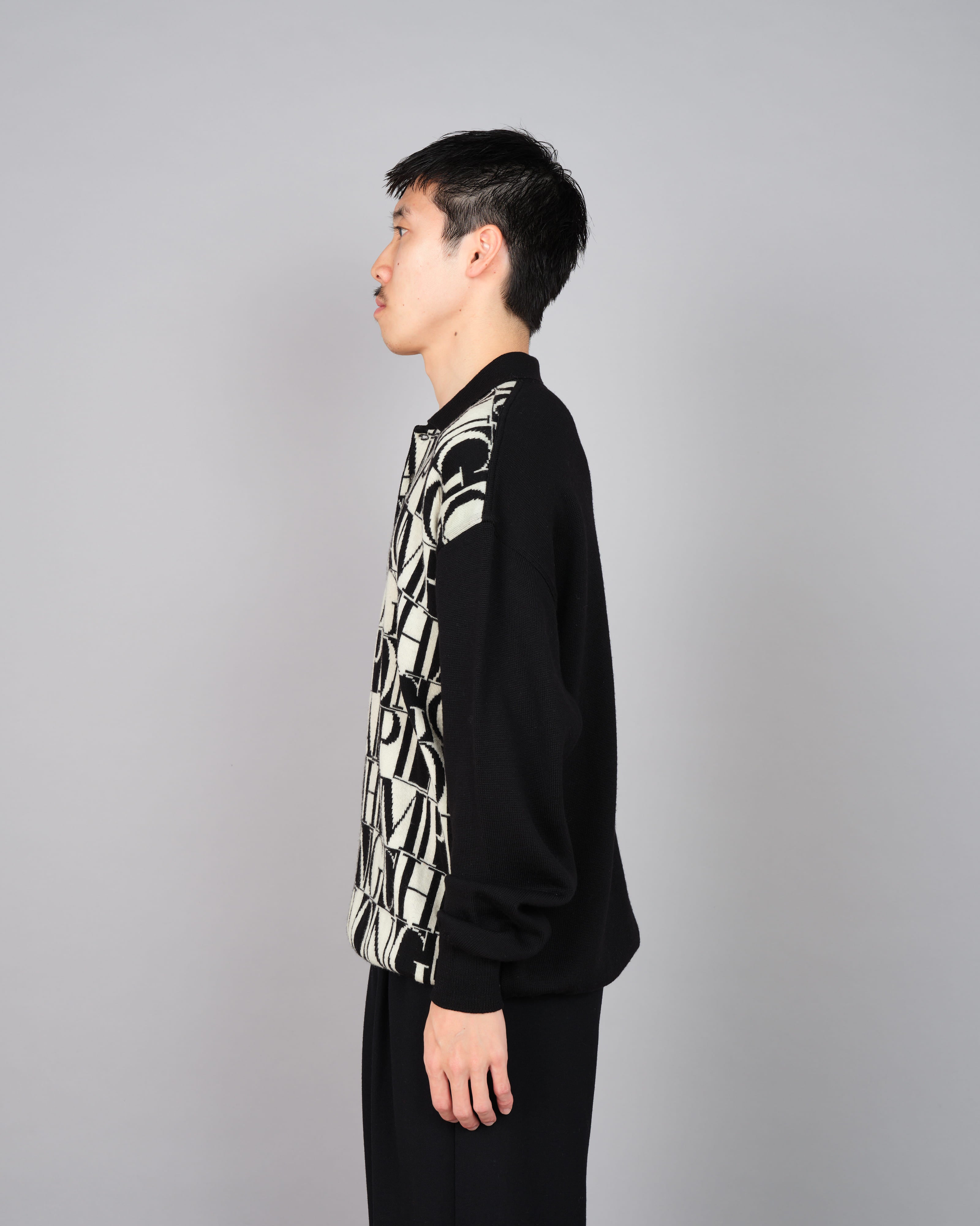 【~90’s】Old LONGCHAMP Merino Wool Patterned L/S Knit Polo Shirt Size.52