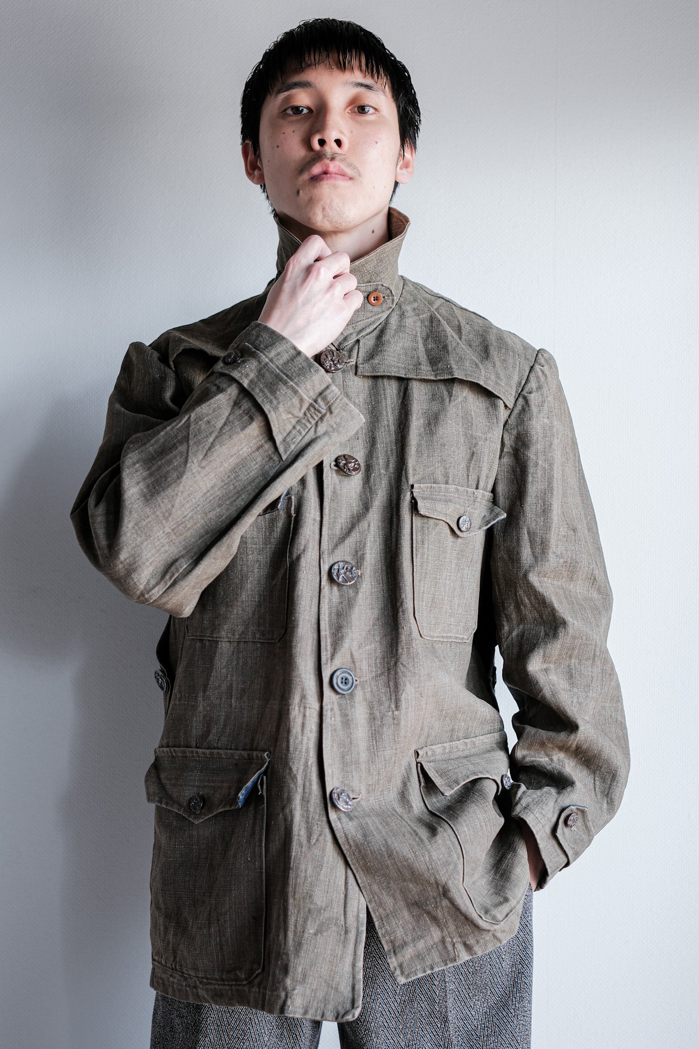 【~20's】French Vintage Linen Canvas Hunting Jacket With Chin Strap