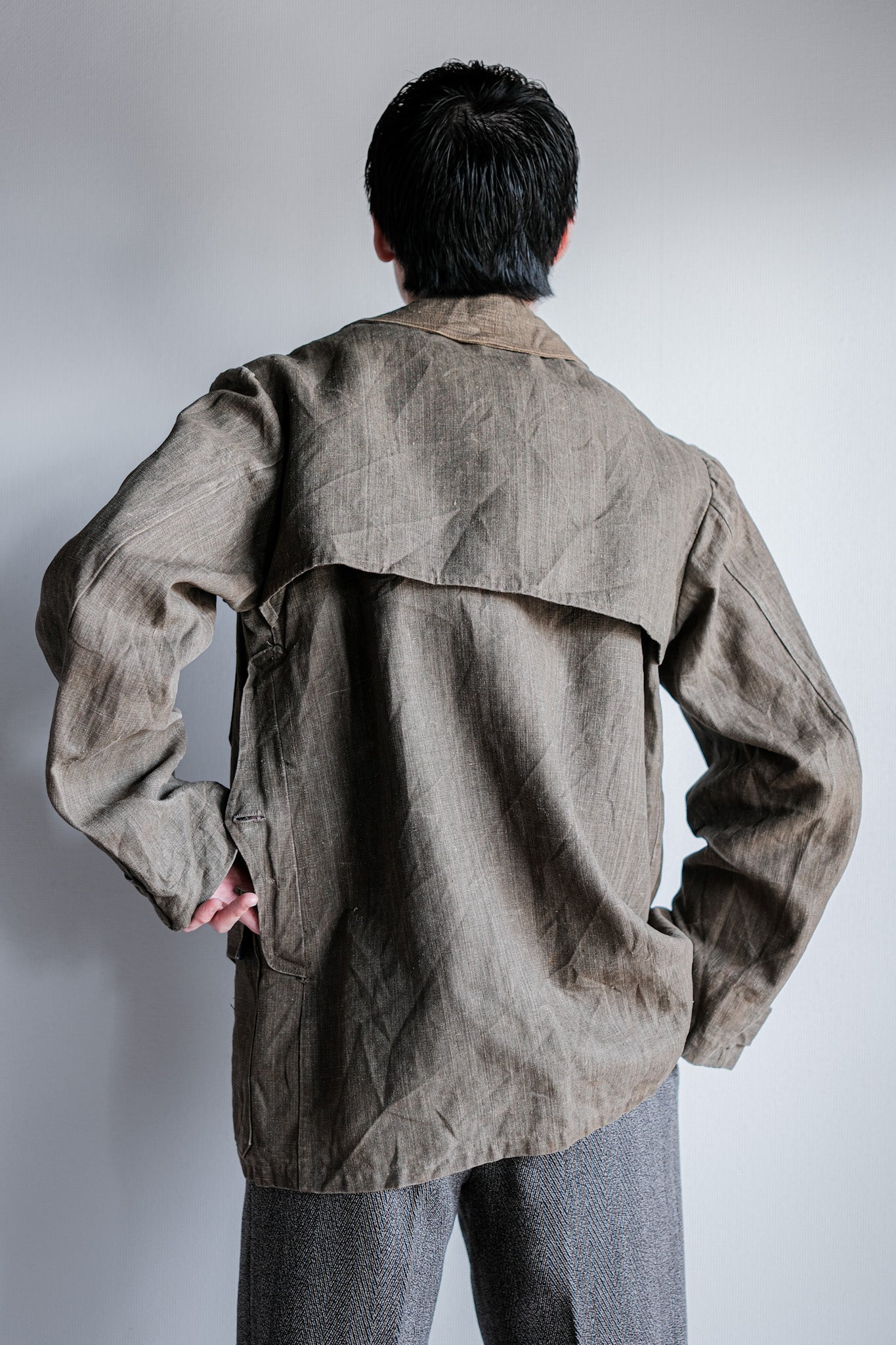 【~20's】French Vintage Linen Canvas Hunting Jacket With Chin Strap