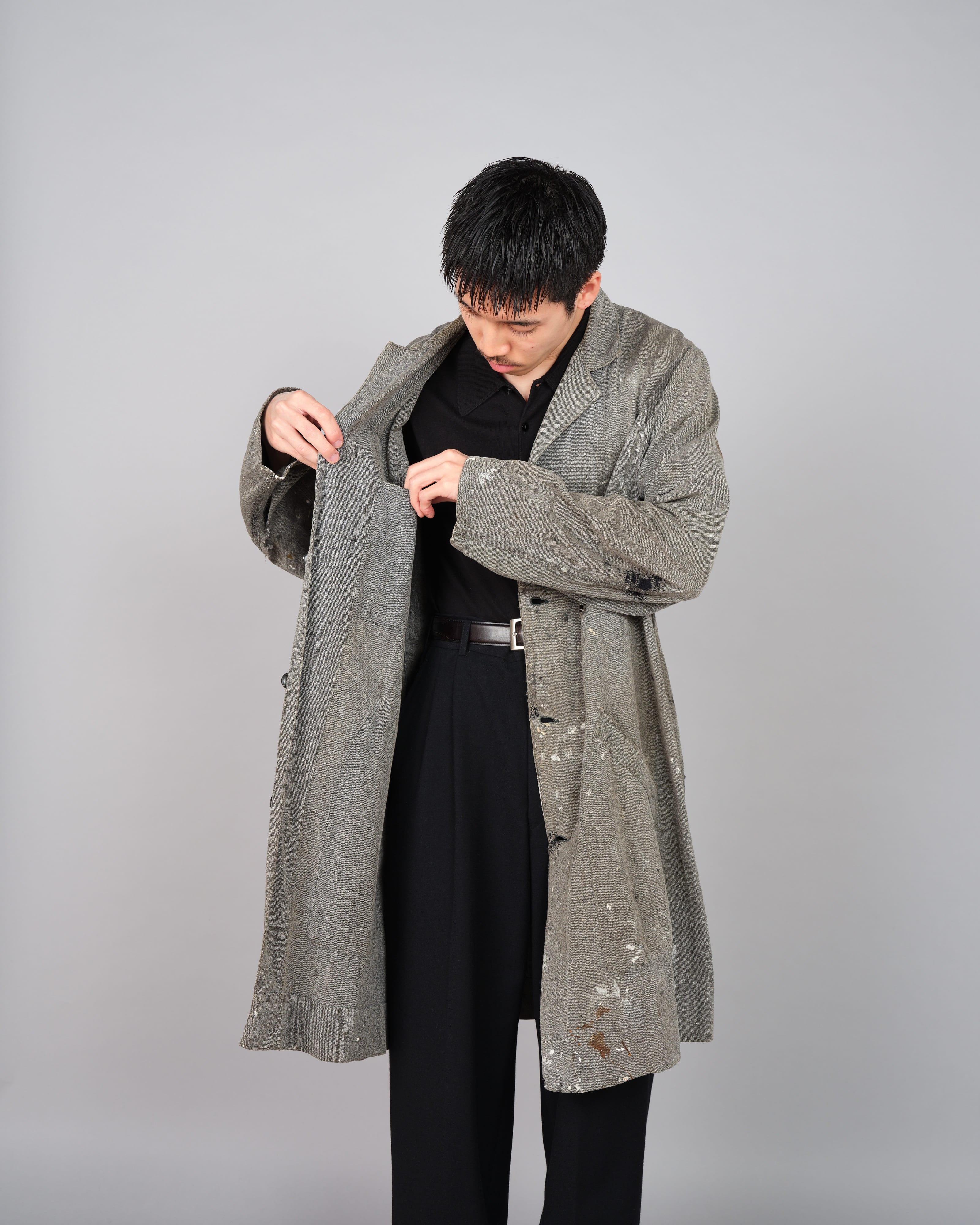 【~40's】French Vintage Salt & Pepper Cotton Twill Atelier Coat "Crazy Paint"