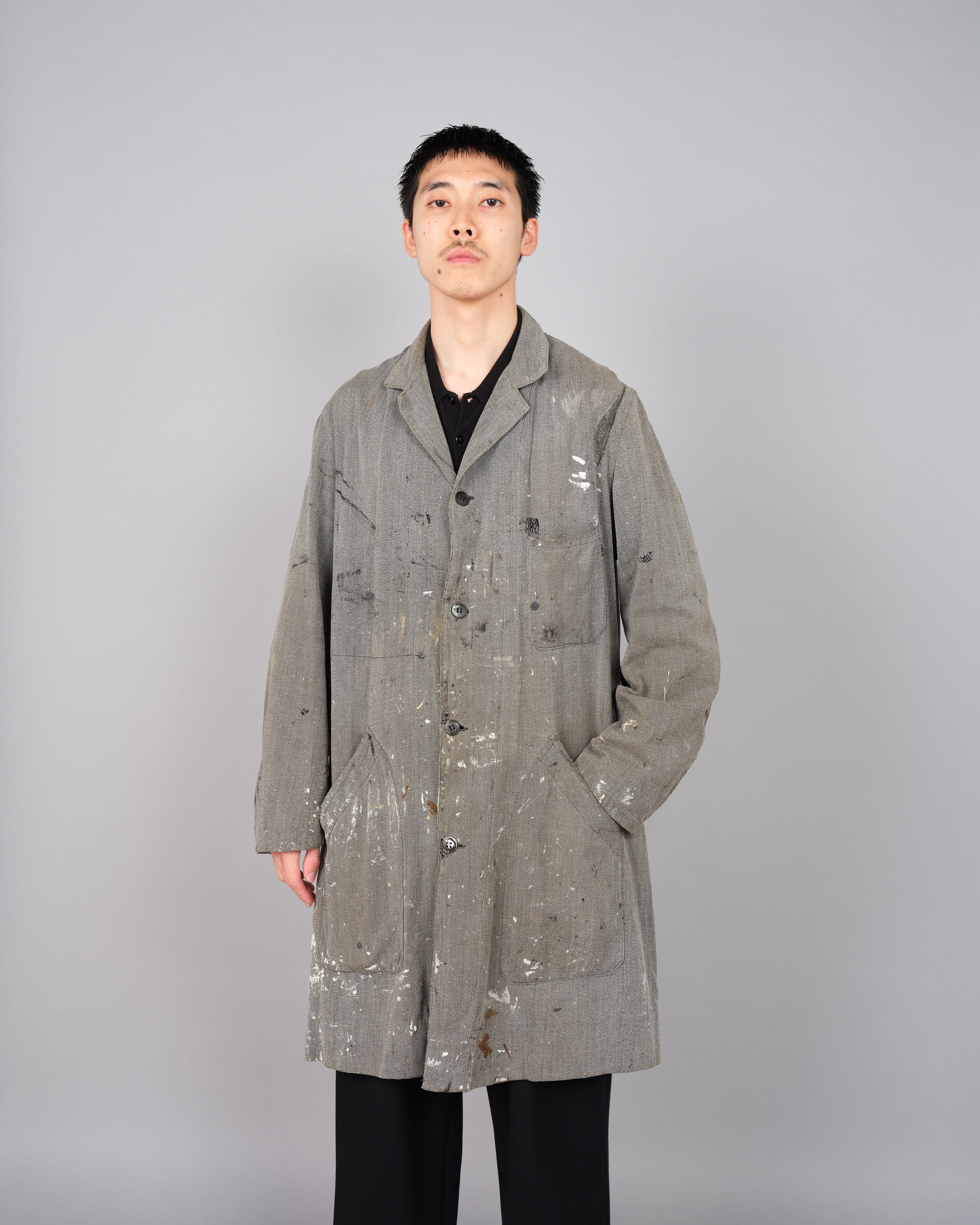 【~40's】French Vintage Salt & Pepper Cotton Twill Atelier Coat "Crazy Paint"