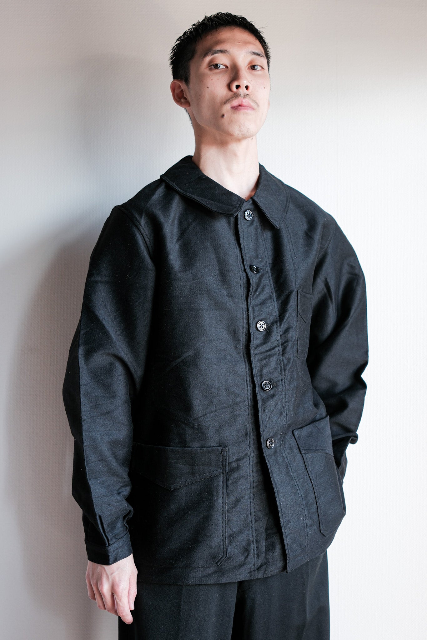 【~40's】French Vintage Black Moleskin Work Jacket "Le Mont St. Michel"