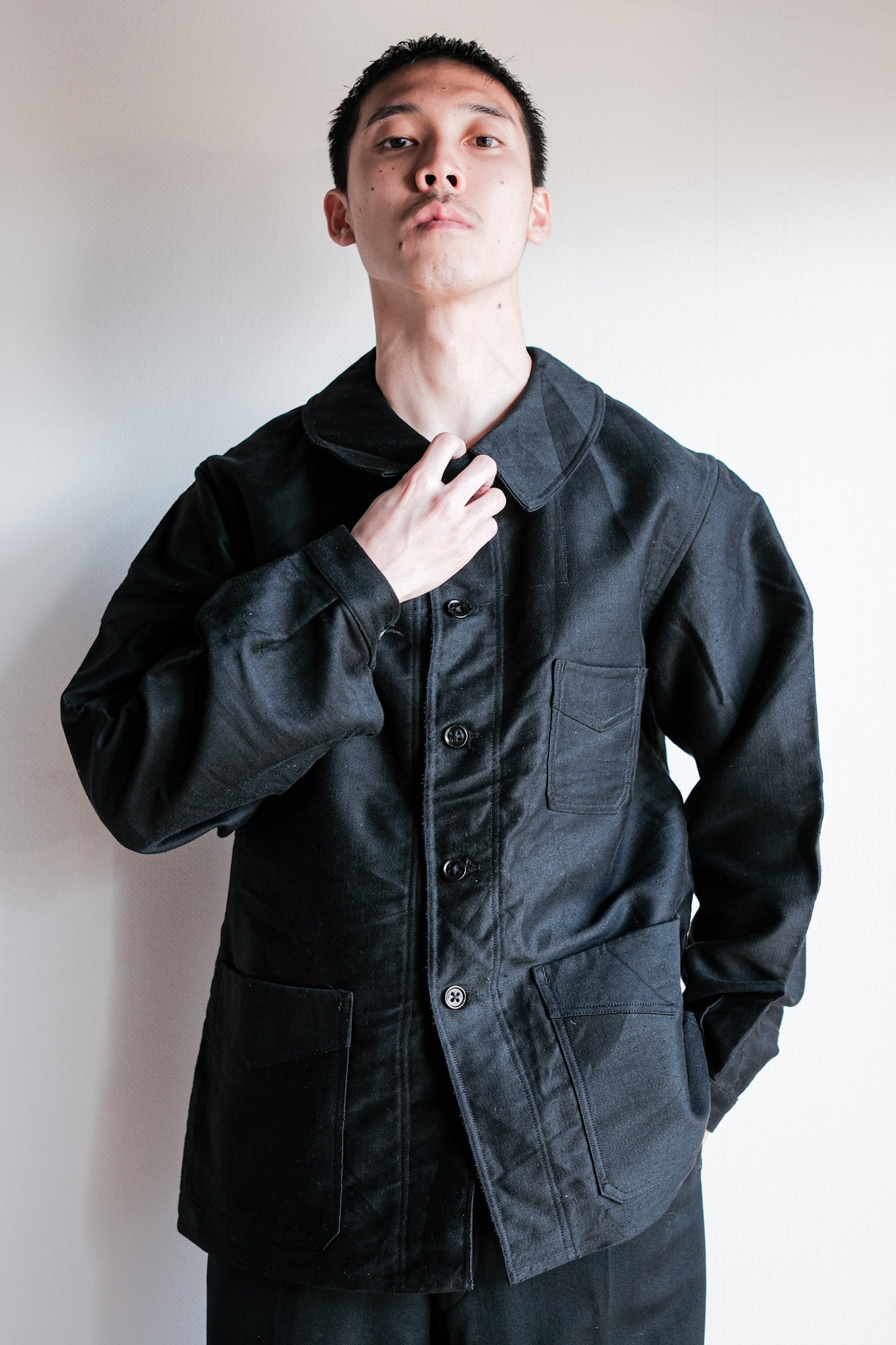 【~40's】French Vintage Black Moleskin Work Jacket "Le Mont St. Michel"