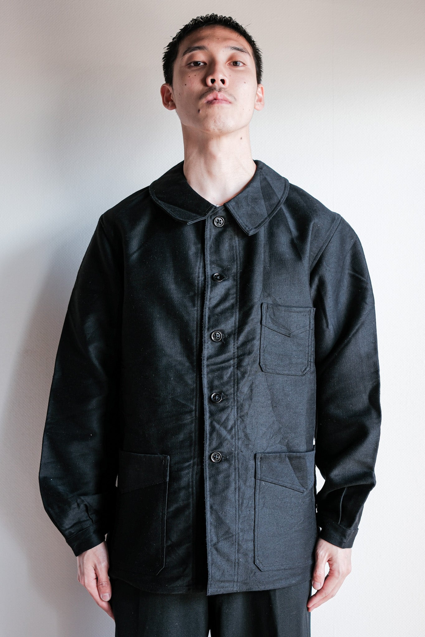 【~40's】French Vintage Black Moleskin Work Jacket "Le Mont St. Michel"