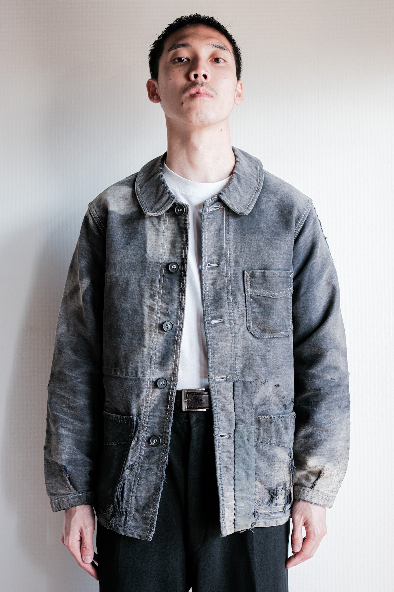 【~40's】French Vintage Black Moleskin Work Jacket "Boro" "Le Mont St. Michel"