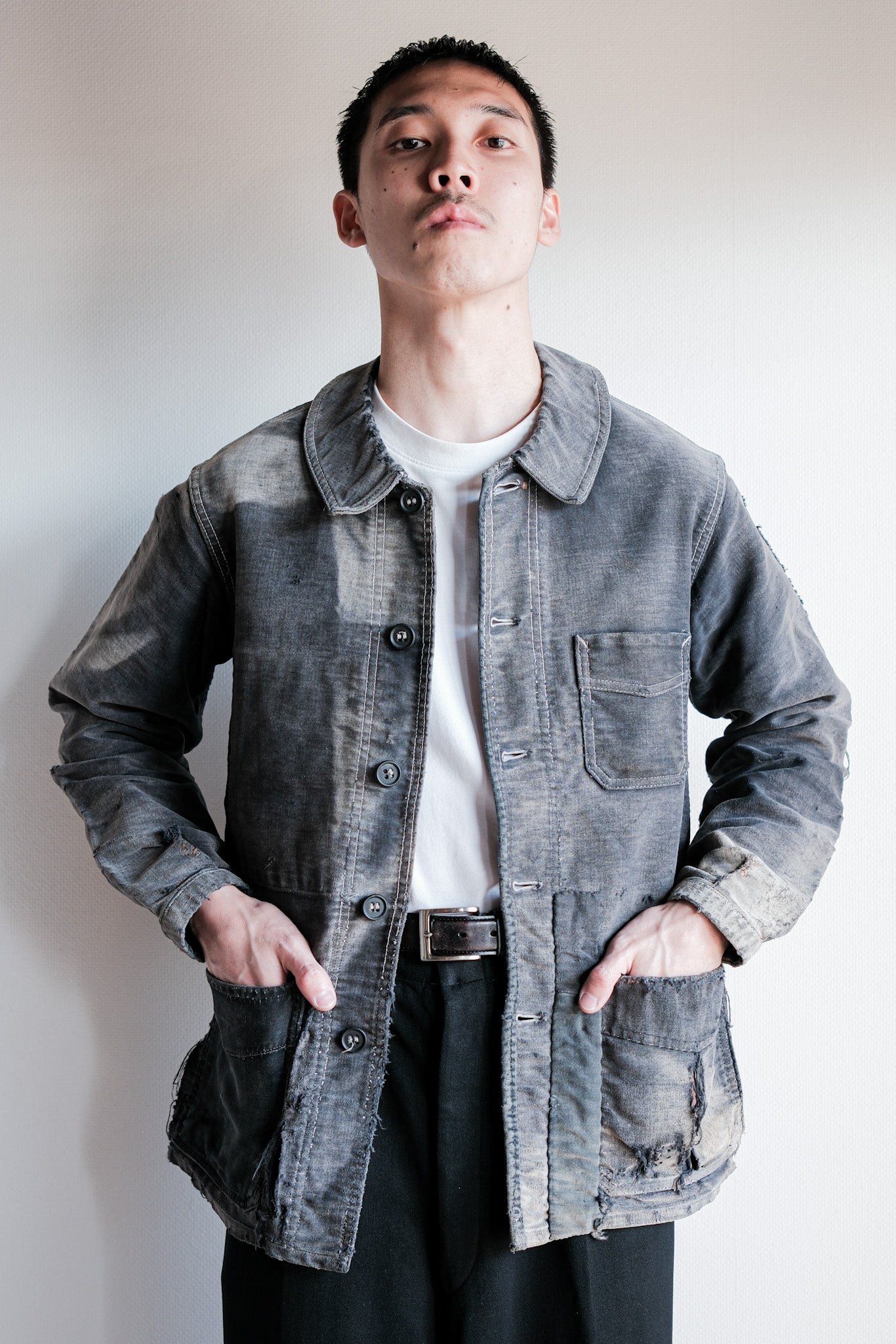 【~40's】French Vintage Black Moleskin Work Jacket "Boro" "Le Mont St. Michel"