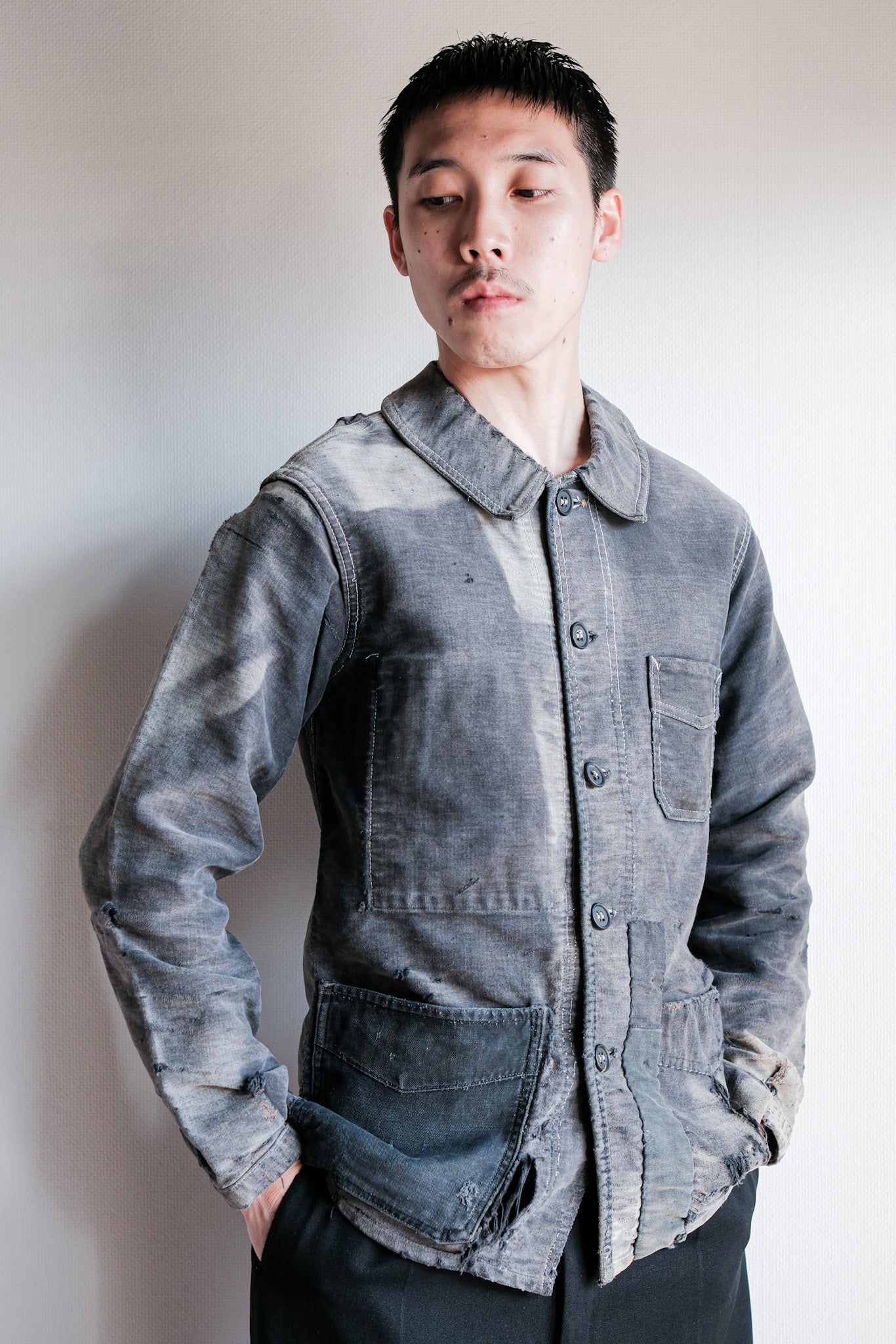 【~40's】French Vintage Black Moleskin Work Jacket "Boro" "Le Mont St. Michel"