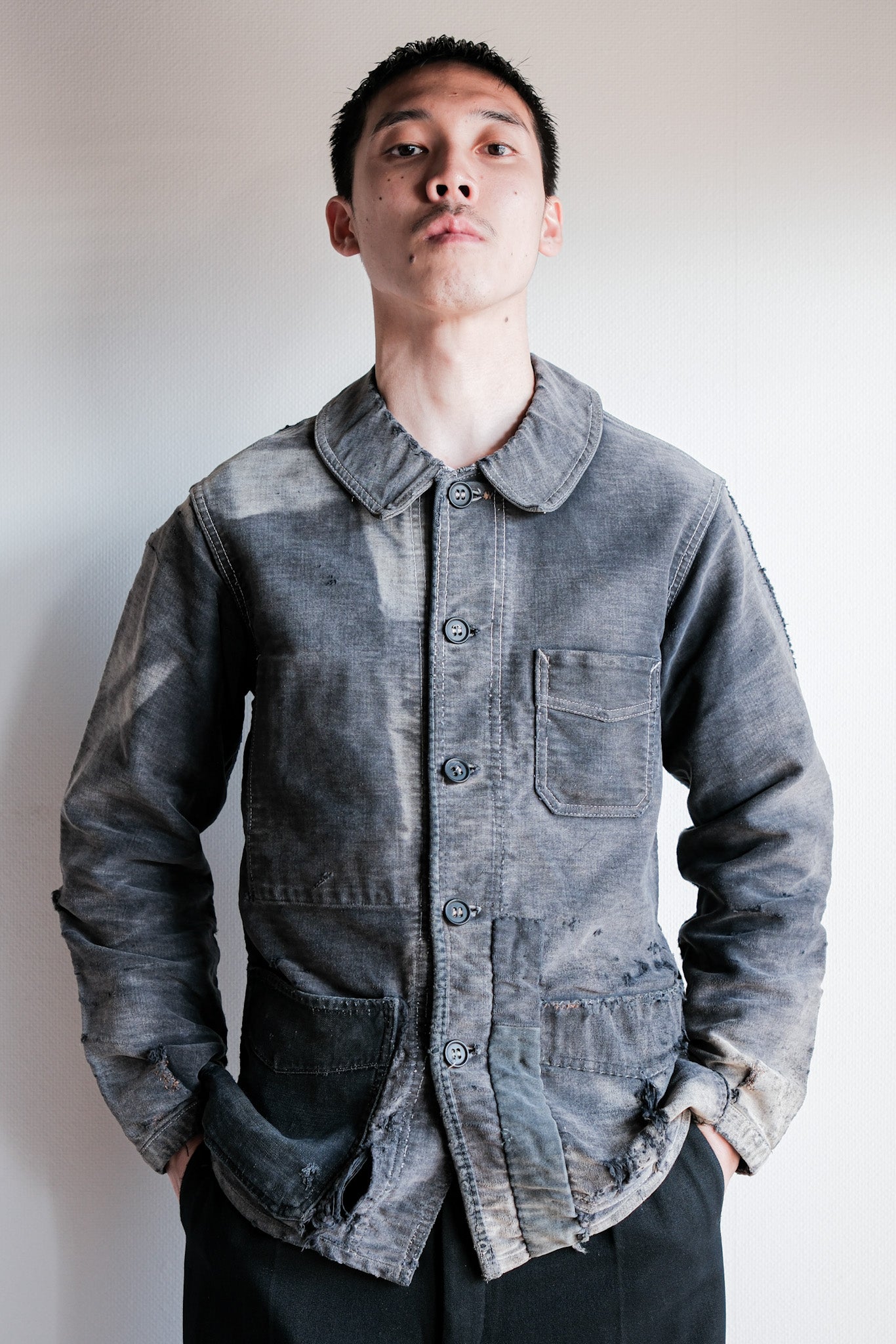 【~40's】French Vintage Black Moleskin Work Jacket "Boro" "Le Mont St. Michel"