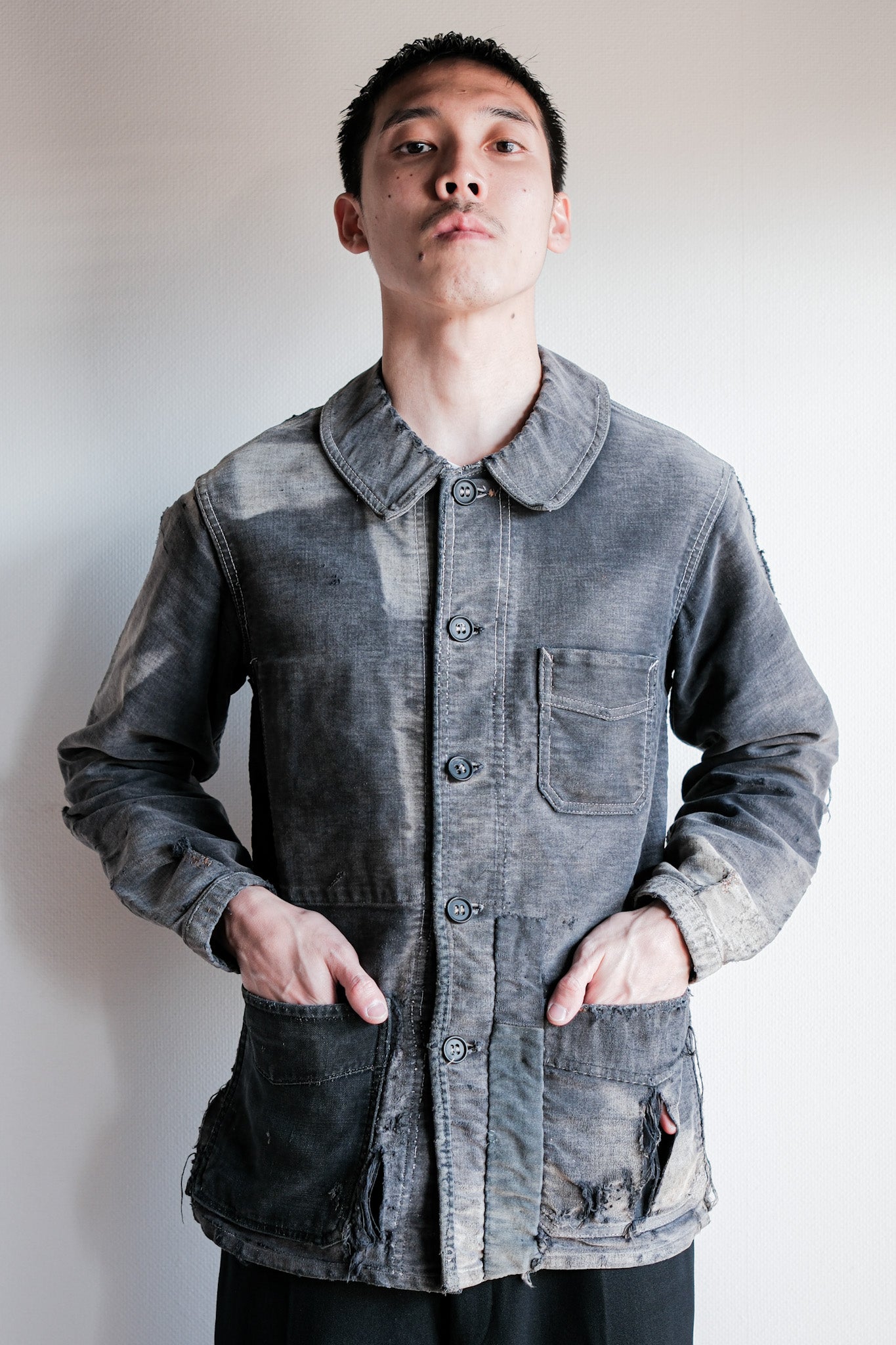 【~40's】French Vintage Black Moleskin Work Jacket "Boro" "Le Mont St. Michel"
