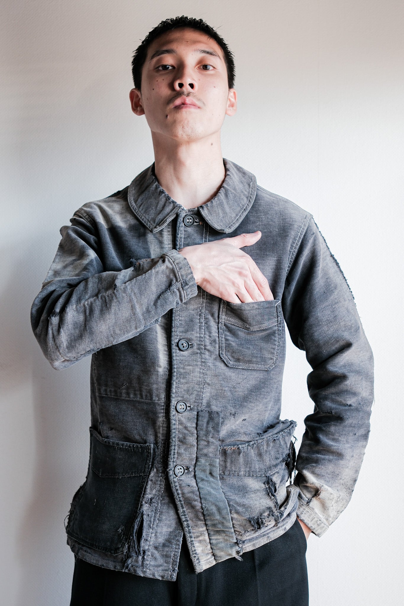 【~40's】French Vintage Black Moleskin Work Jacket "Boro" "Le Mont St. Michel"