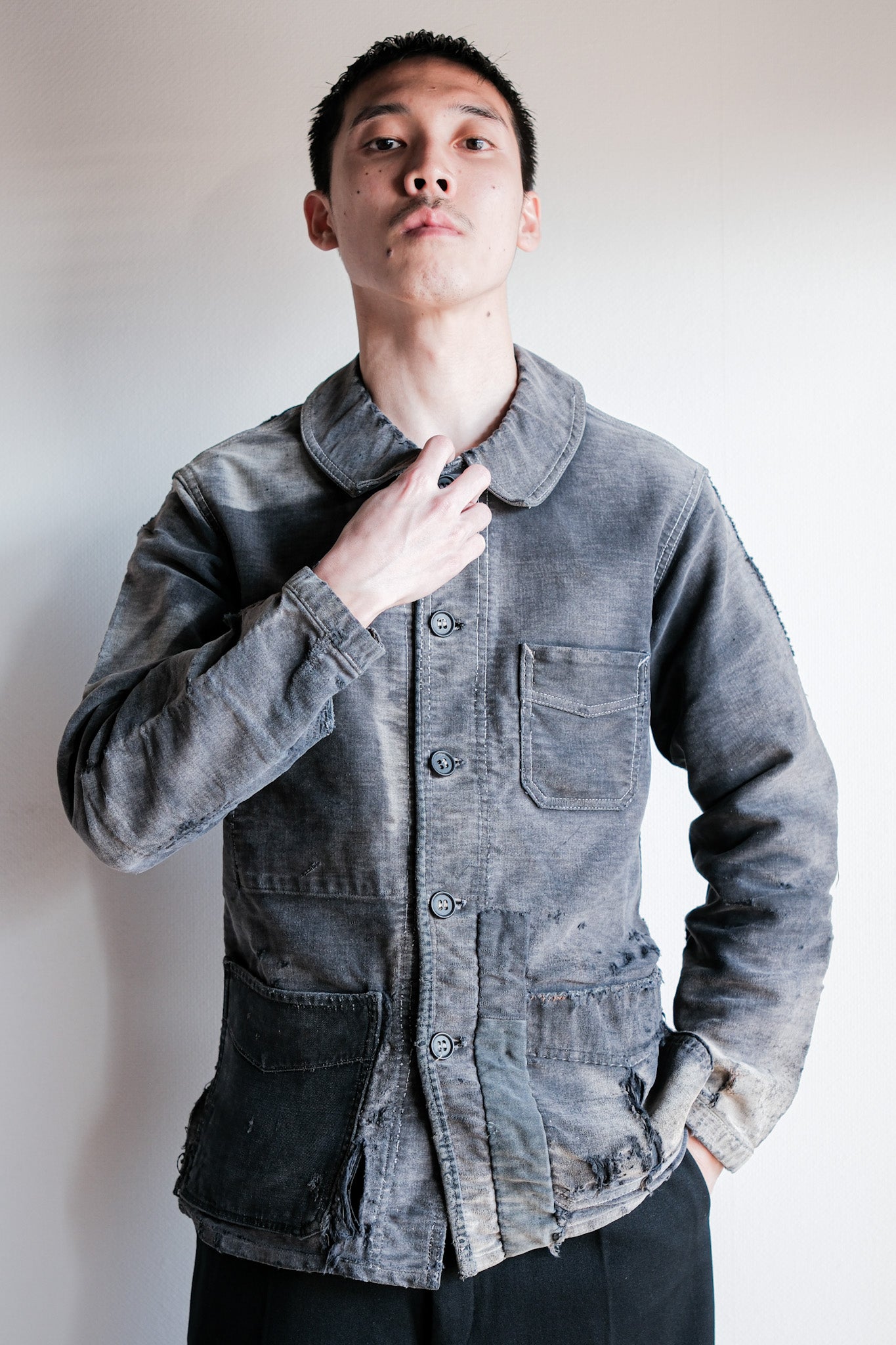 【~40's】French Vintage Black Moleskin Work Jacket "Boro" "Le Mont St. Michel"