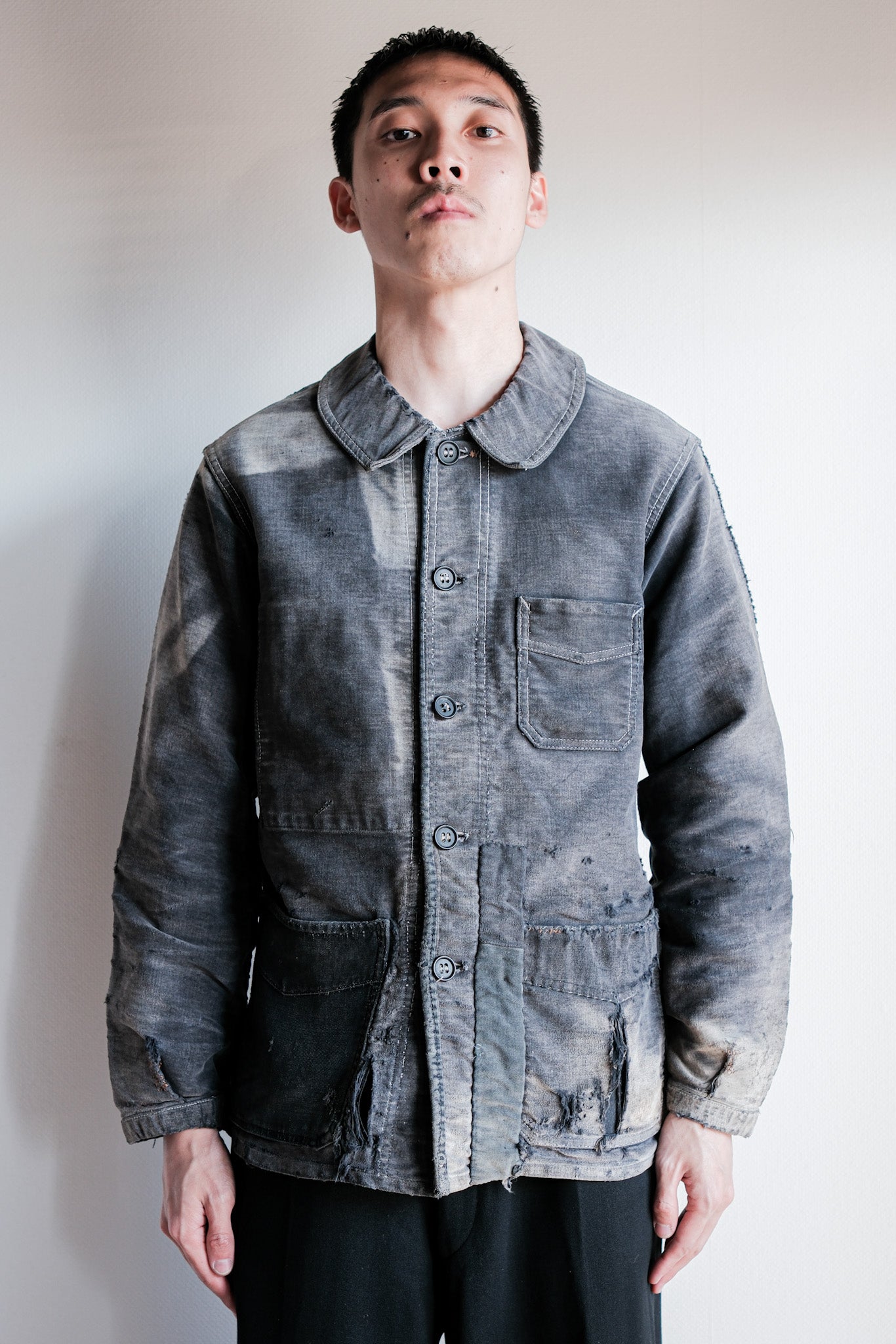 【~40's】French Vintage Black Moleskin Work Jacket "Boro" "Le Mont St. Michel"