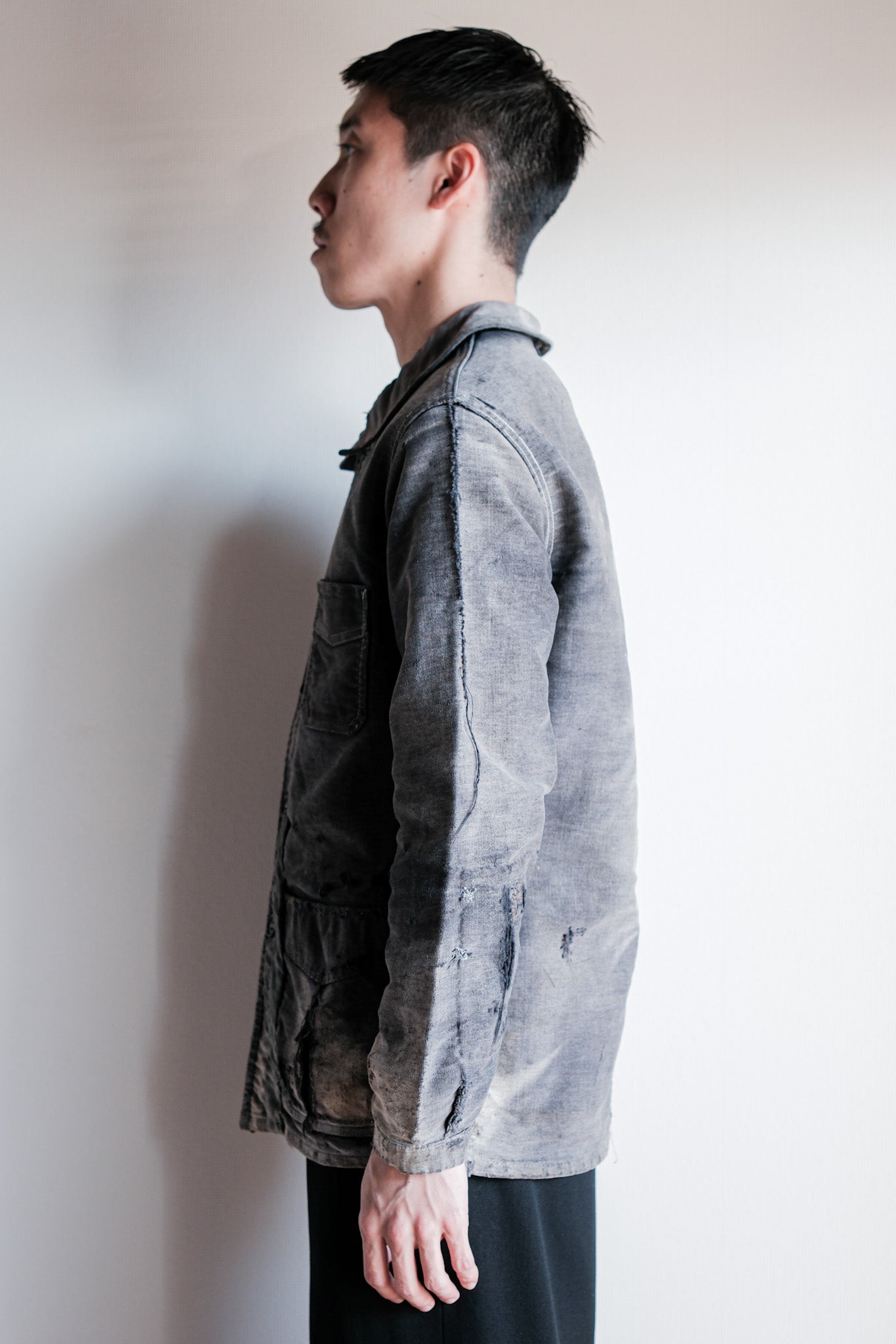 【~40's】French Vintage Black Moleskin Work Jacket "Boro" "Le Mont St. Michel"